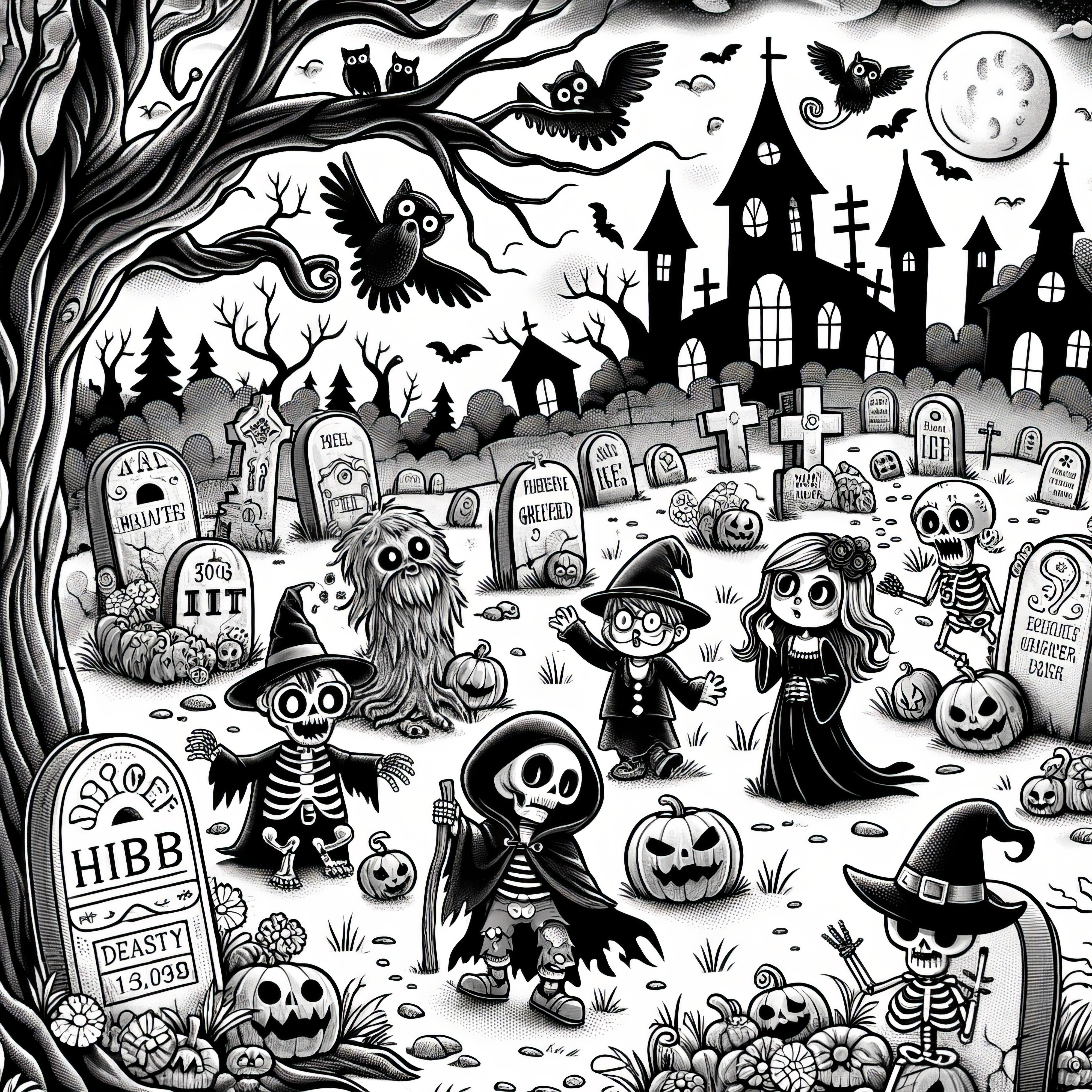 墓地のモンスターパーティー：ハロウィン塗り絵のダウンロード（無料）