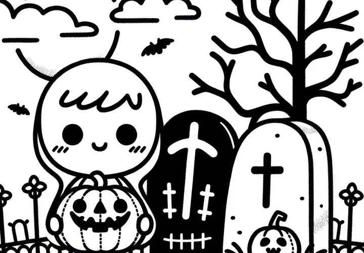 Jednoduchý obrázek k vybarvení hřbitova na Halloween (Zdarma)
