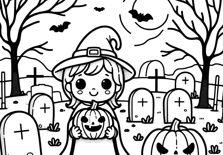 Čarodějnice na hřbitově: Obrázek k vybarvení na Halloween (Zdarma)
