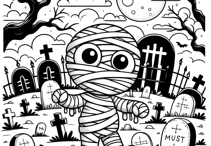 Mumie na hřbitově: Obrázek k vybarvení k Halloweenu (Zdarma)