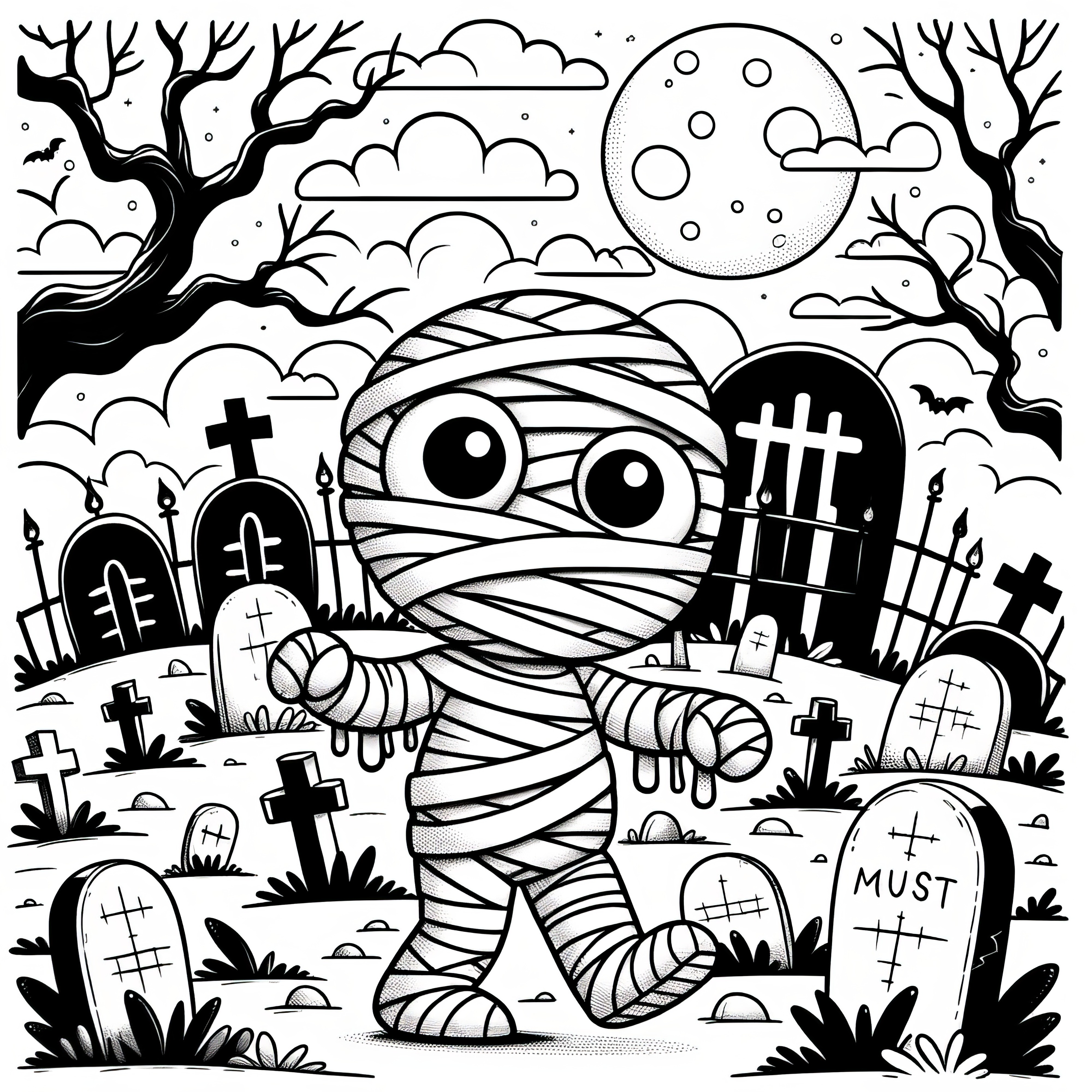 Mumia na cintoríne: Halloween obrázok na vyfarbenie (Zadarmo)