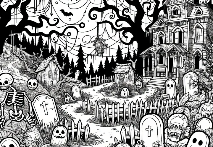 Strašidelný hřbitov a dům duchů: Halloween omalovánka ke stažení (Zdarma)