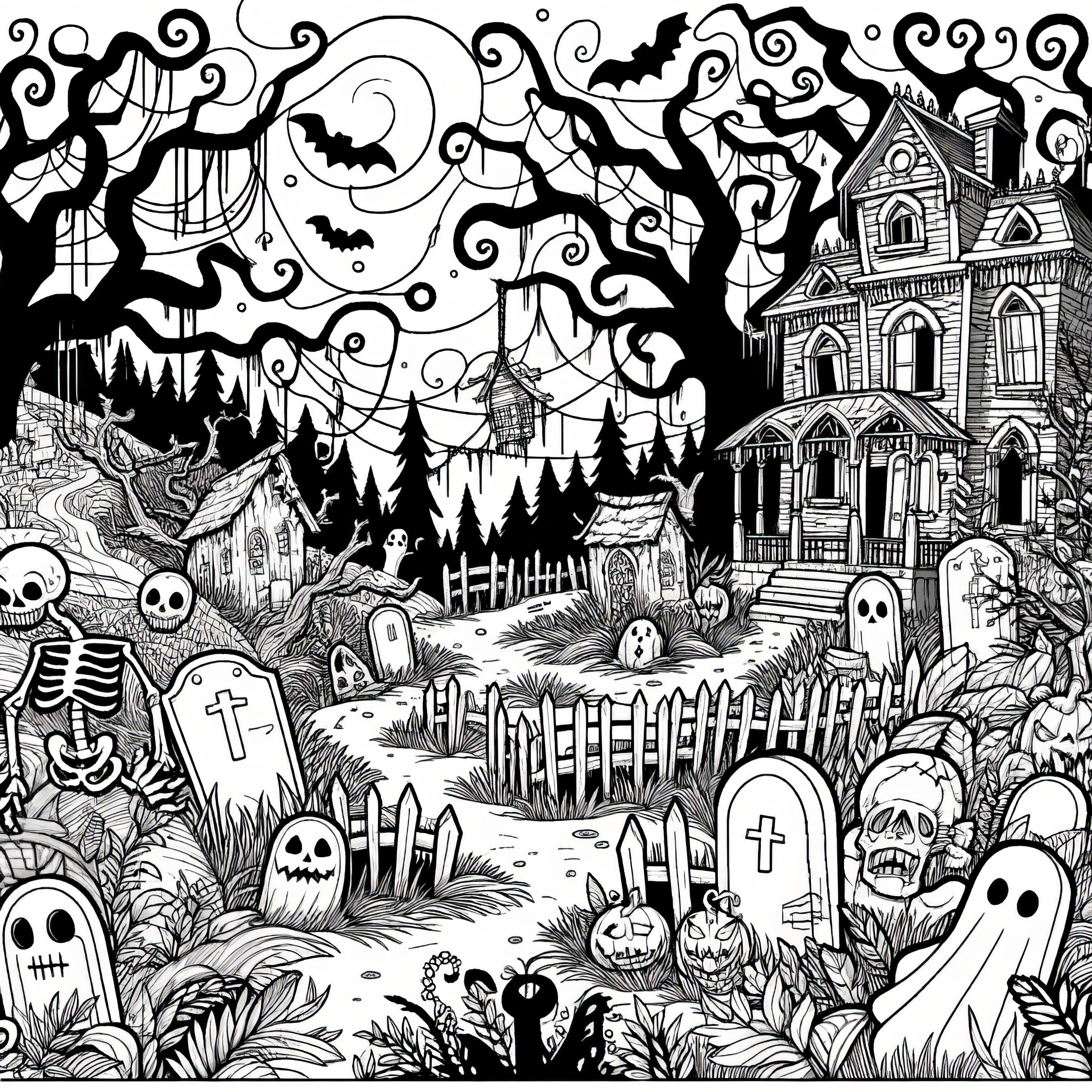 ぞっとする墓地と幽霊屋敷：ハロウィンのぬりえのダウンロード（無料）