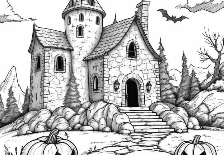 Starý strašidelný dům s dýněmi: Výkres k Halloweenu ke stažení (zdarma)