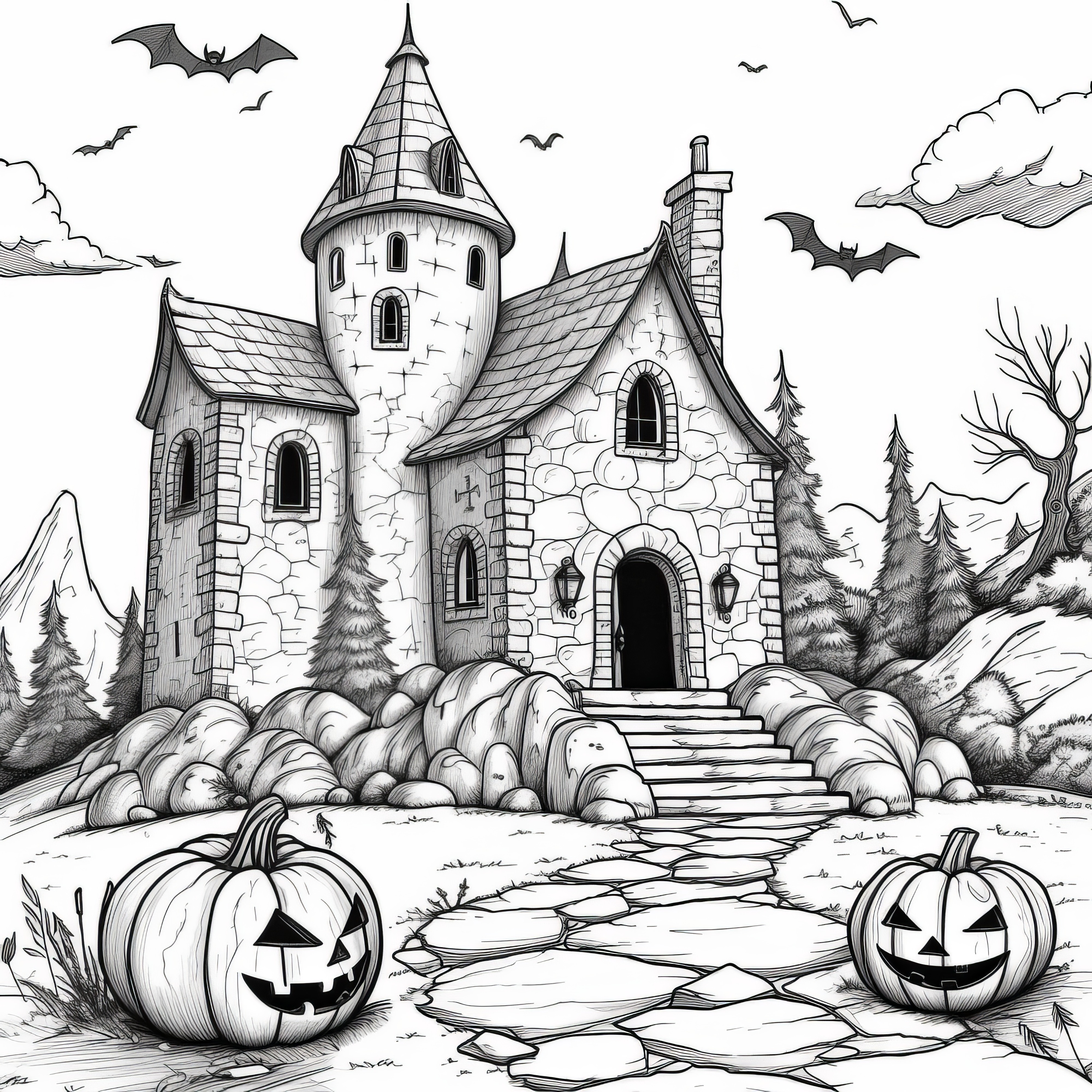 カボチャのある古いお化け屋敷：ダウンロード用のハロウィン塗り絵（無料）