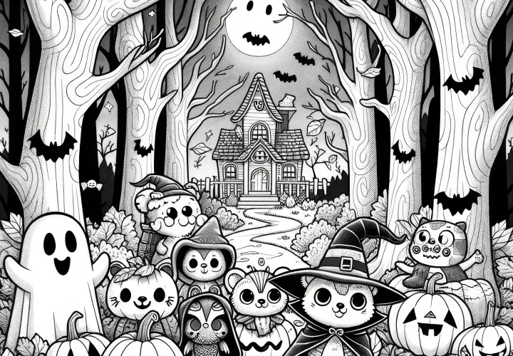 Temný les, přízrak a dýně: Obrázek na Halloween k vybarvení (Zdarma)