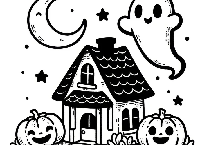 Malý strašidelný dům s měsícem a duchem: Jednoduchý obrázek k vybarvení na Halloween (Zdarma)