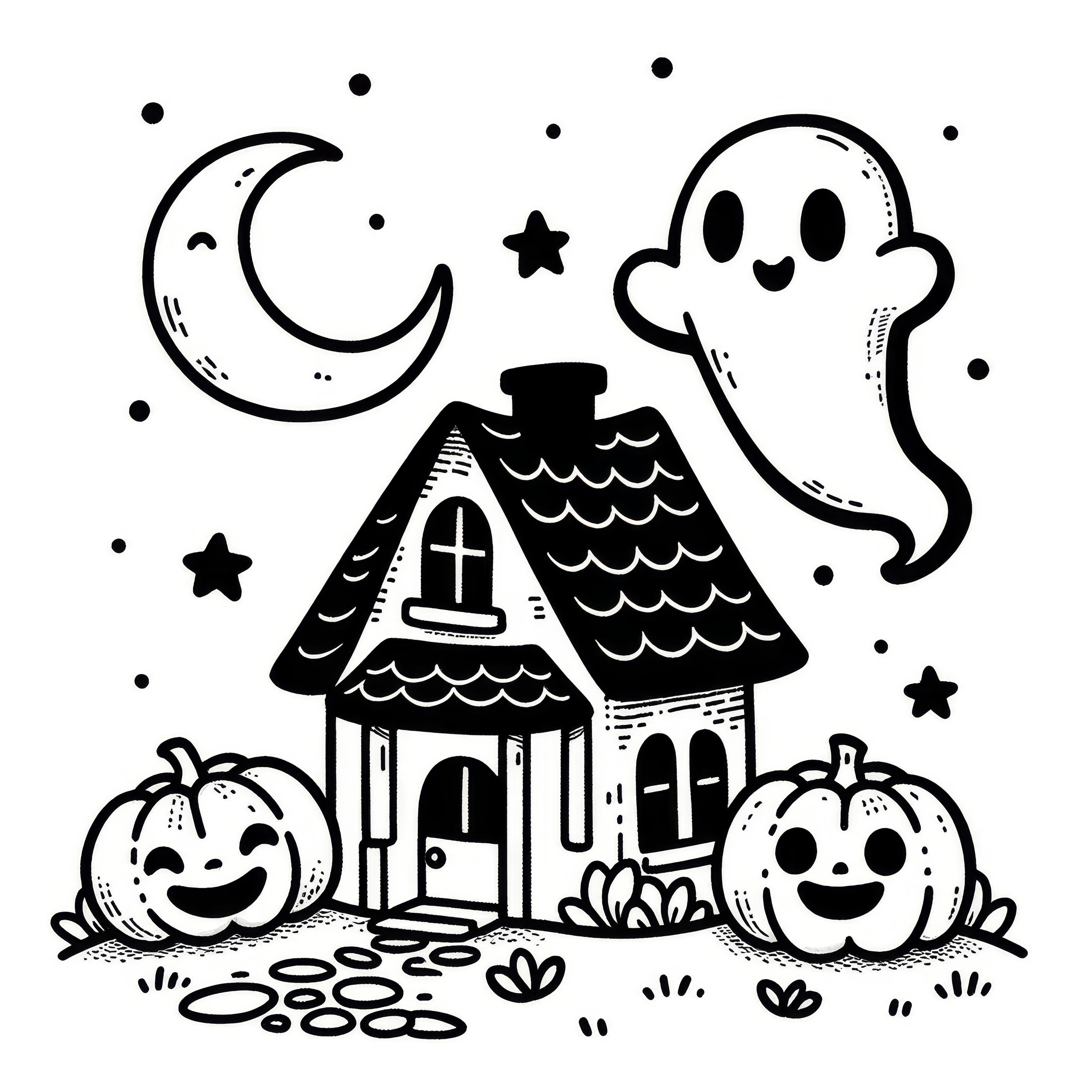 小さな幽霊の家と月とお化け：簡単なハロウィンの塗り絵（無料）