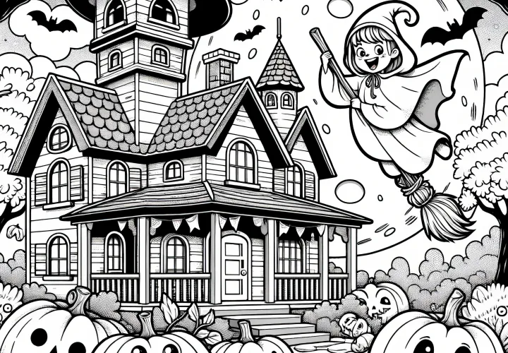 Dům duchů, čarodějnice, měsíc a dýně: Obrázek na Halloween k vybarvení (zdarma)