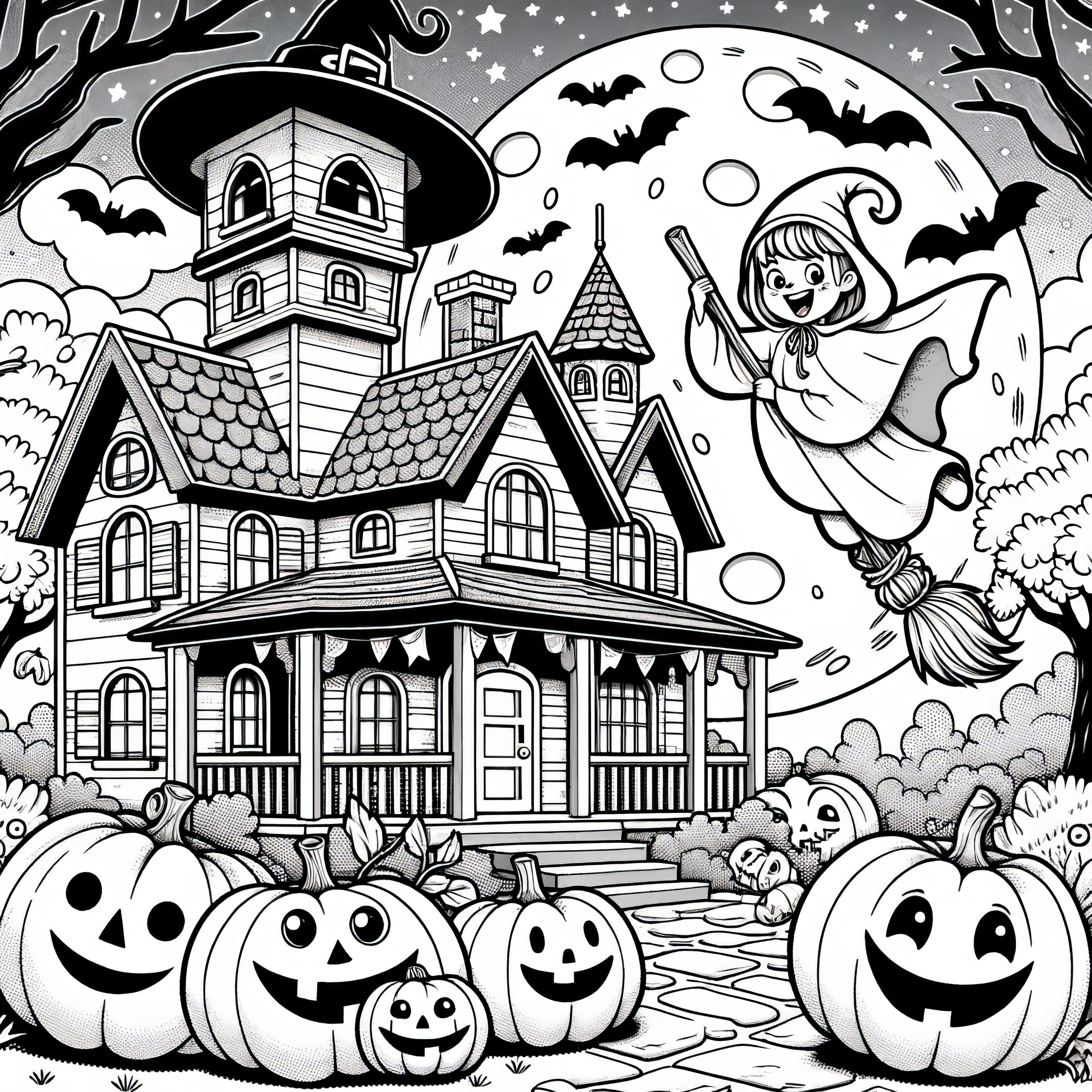 Dům duchů, čarodějnice, měsíc a dýně: Obrázek na Halloween k vybarvení (Zdarma)