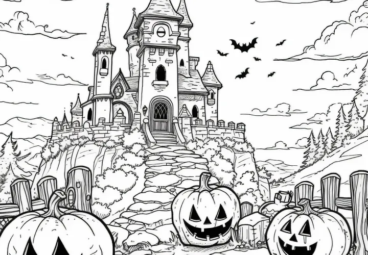 Duchovní zámek s dýněmi: Obrázek k vybarvení na Halloween (Zdarma)