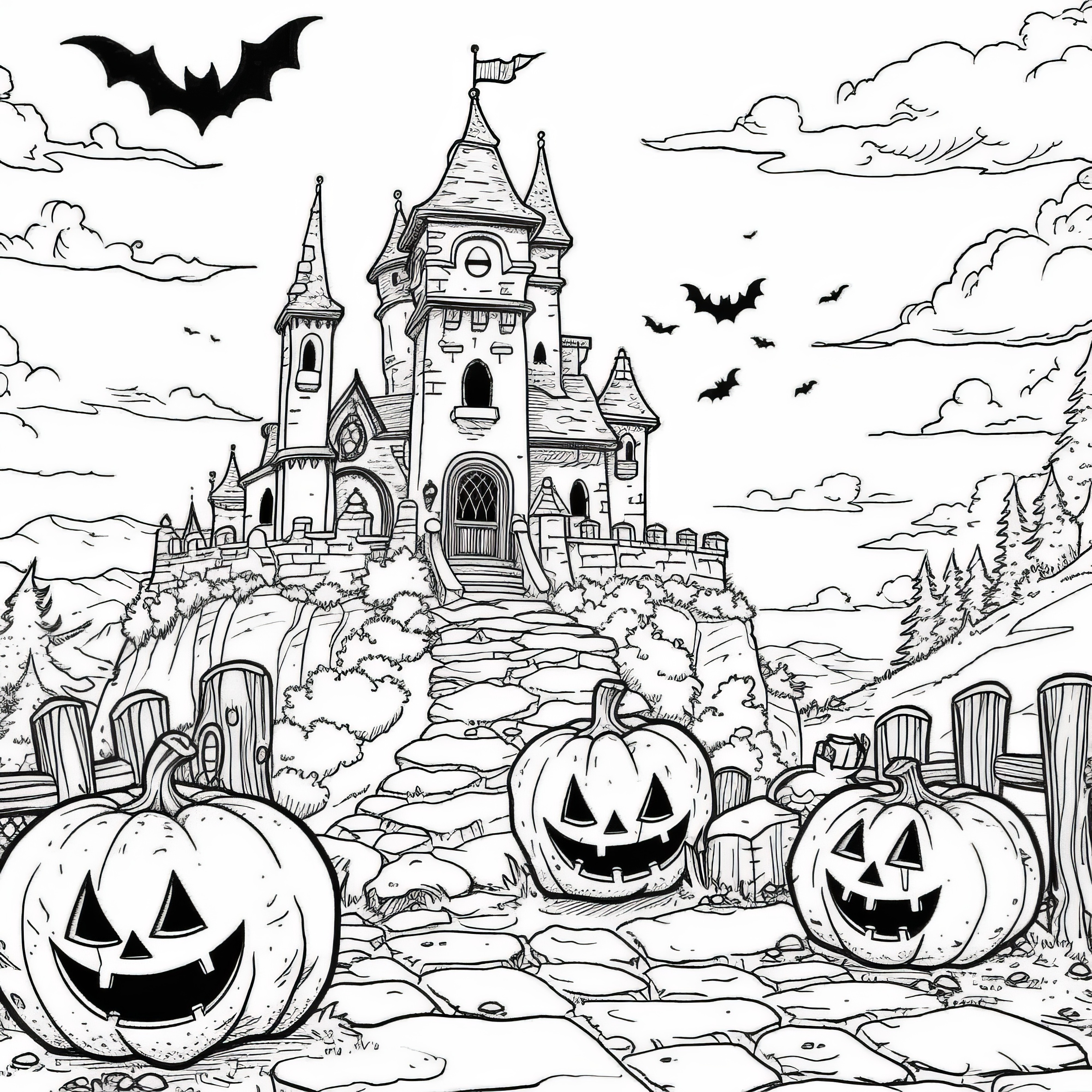 Duchovný zámok s tekvicami: Obrázok na Halloween na vyfarbenie (Zadarmo)