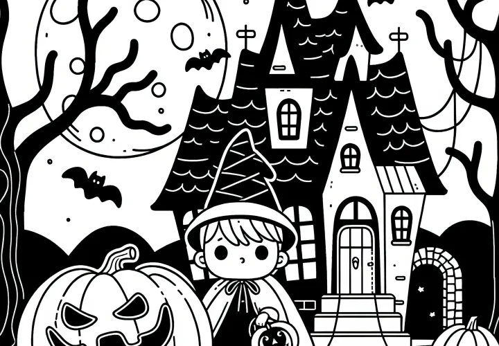 Dům s duchy a strašidelnou dýní: Jednoduchá předloha na Halloween k vybarvení (Zdarma)