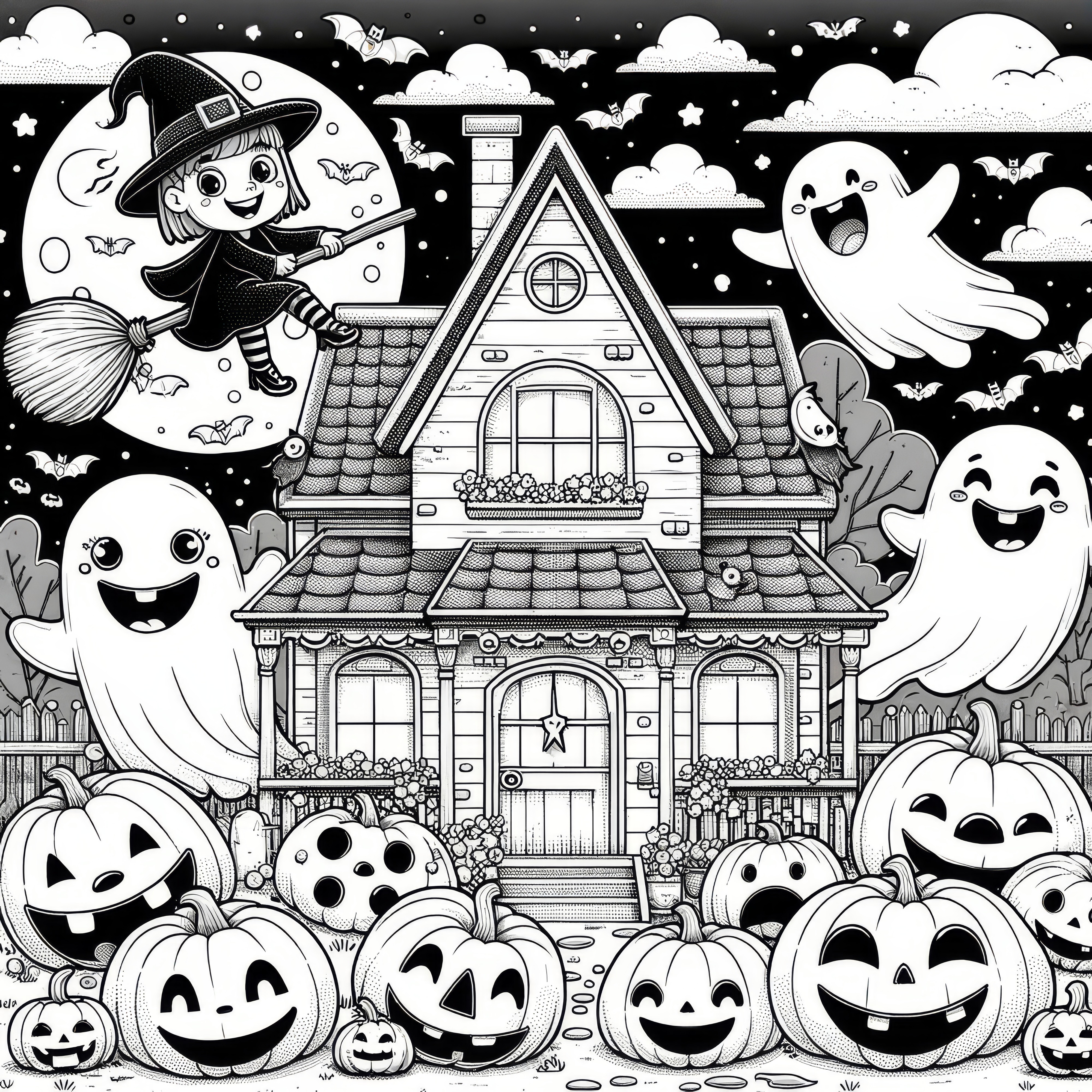 Dům duchů, čarodějnice, duchové a dýně: Obrázek k vybarvení na Halloween (Zdarma)