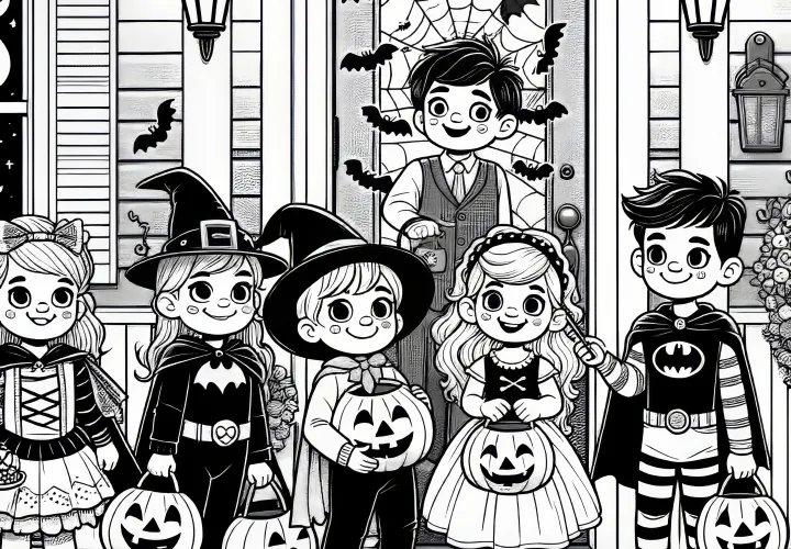 Rodina před domem na Halloweenské party: omalovánka zdarma