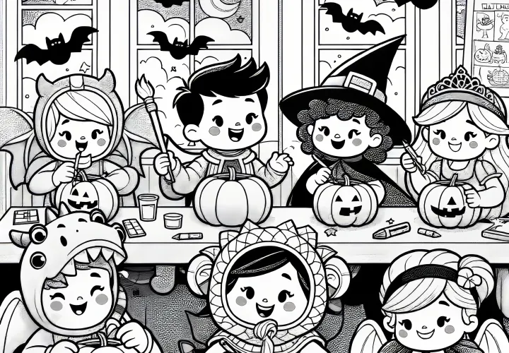 Základní škola s dětmi a dýněmi: Omalovánka na Halloweenovou party (Zdarma)