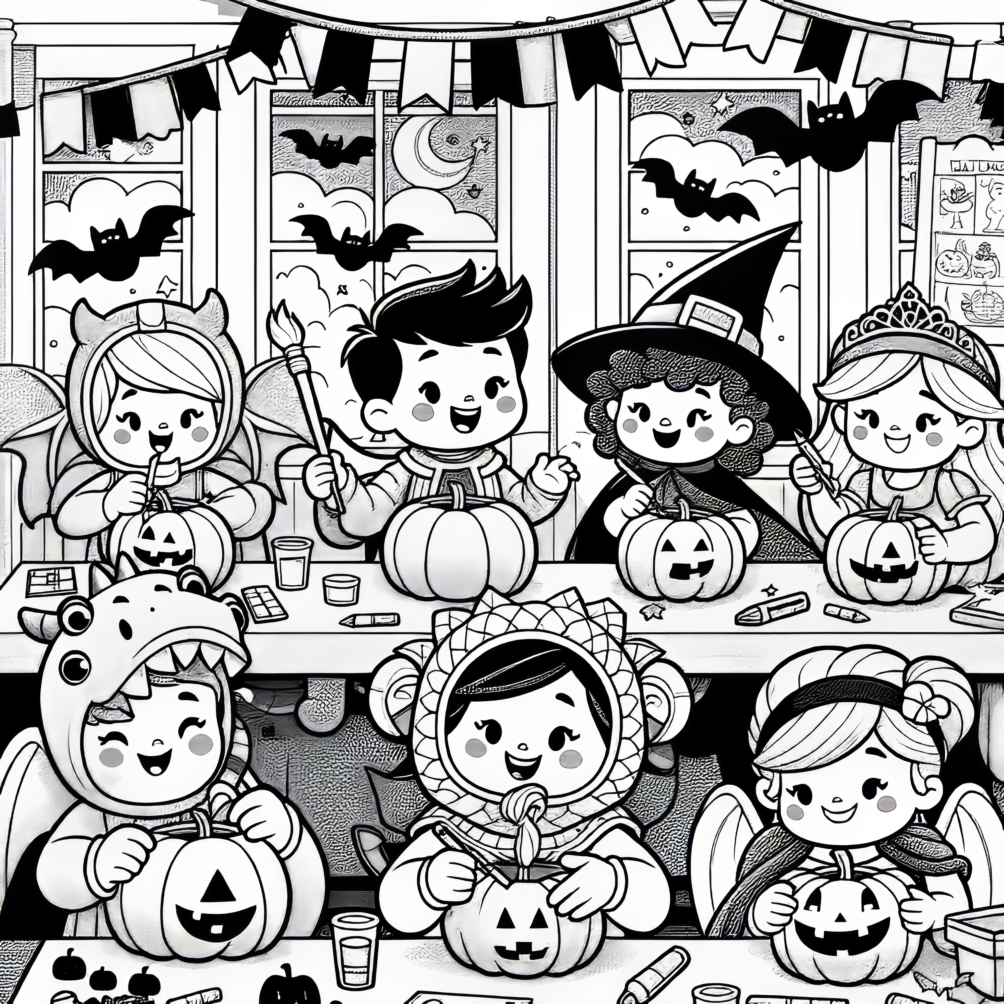 子供たちとカボチャのある小学校: ハロウィンパーティーぬり絵 (無料)