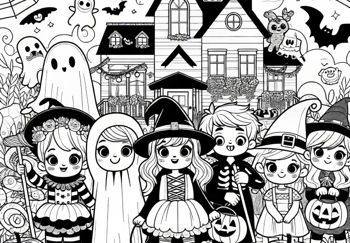 Veselé oslavy Halloween s děsivými postavami: obrázek k vybarvení ke stažení (zdarma)