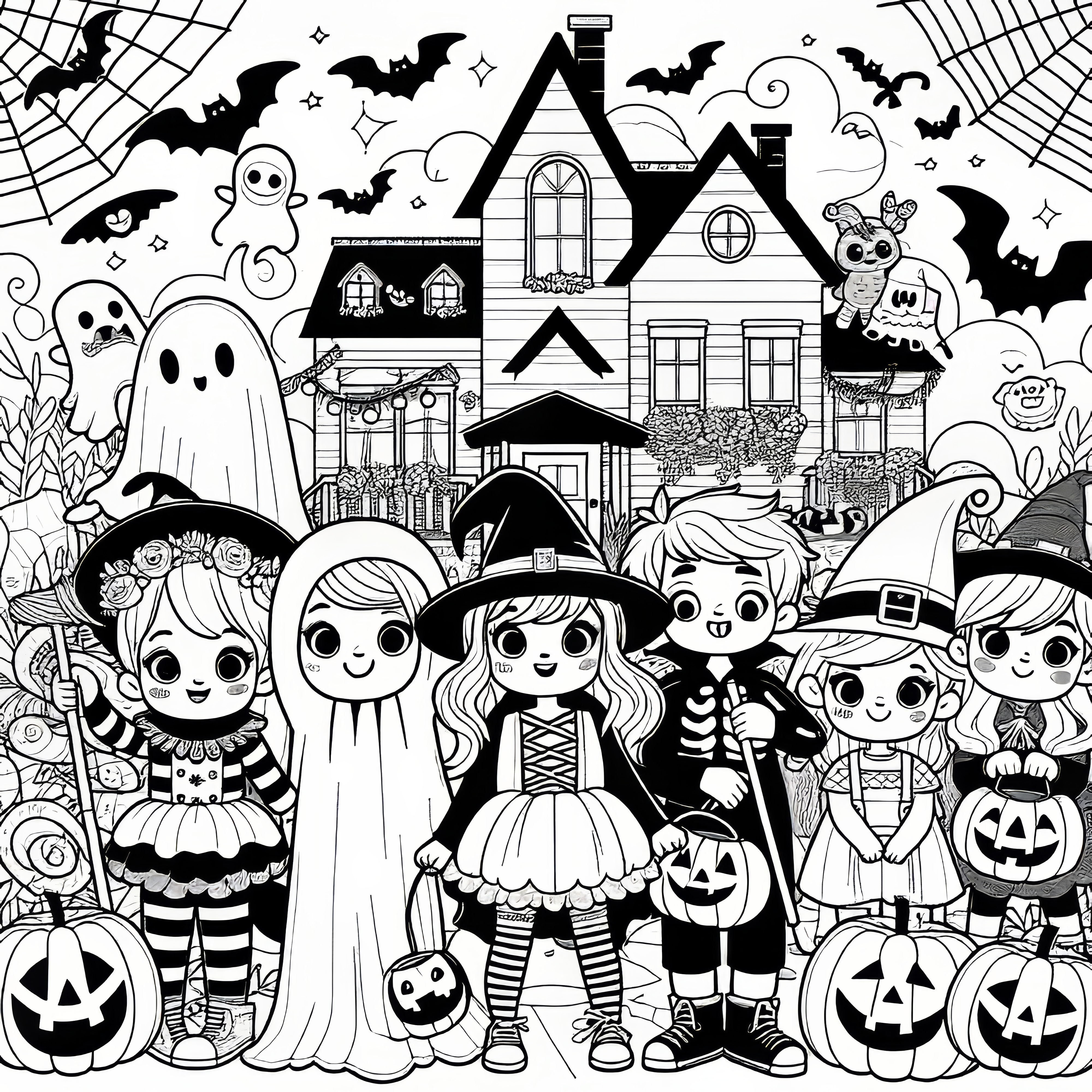 お化けたちと一緒に楽しむハッピーハロウィンパーティー：ダウンロード用の塗り絵（無料）