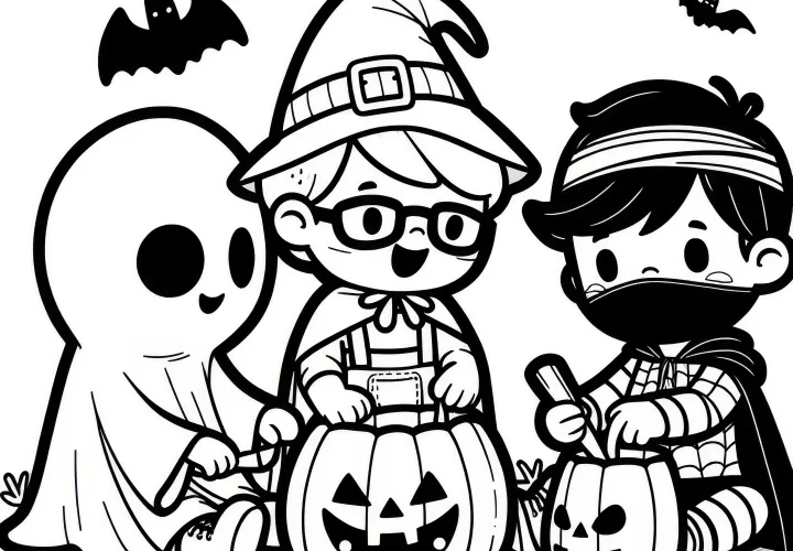 Jednoduchý obrázek k vybarvení: Halloween párty s veselými postavičkami (Zdarma)