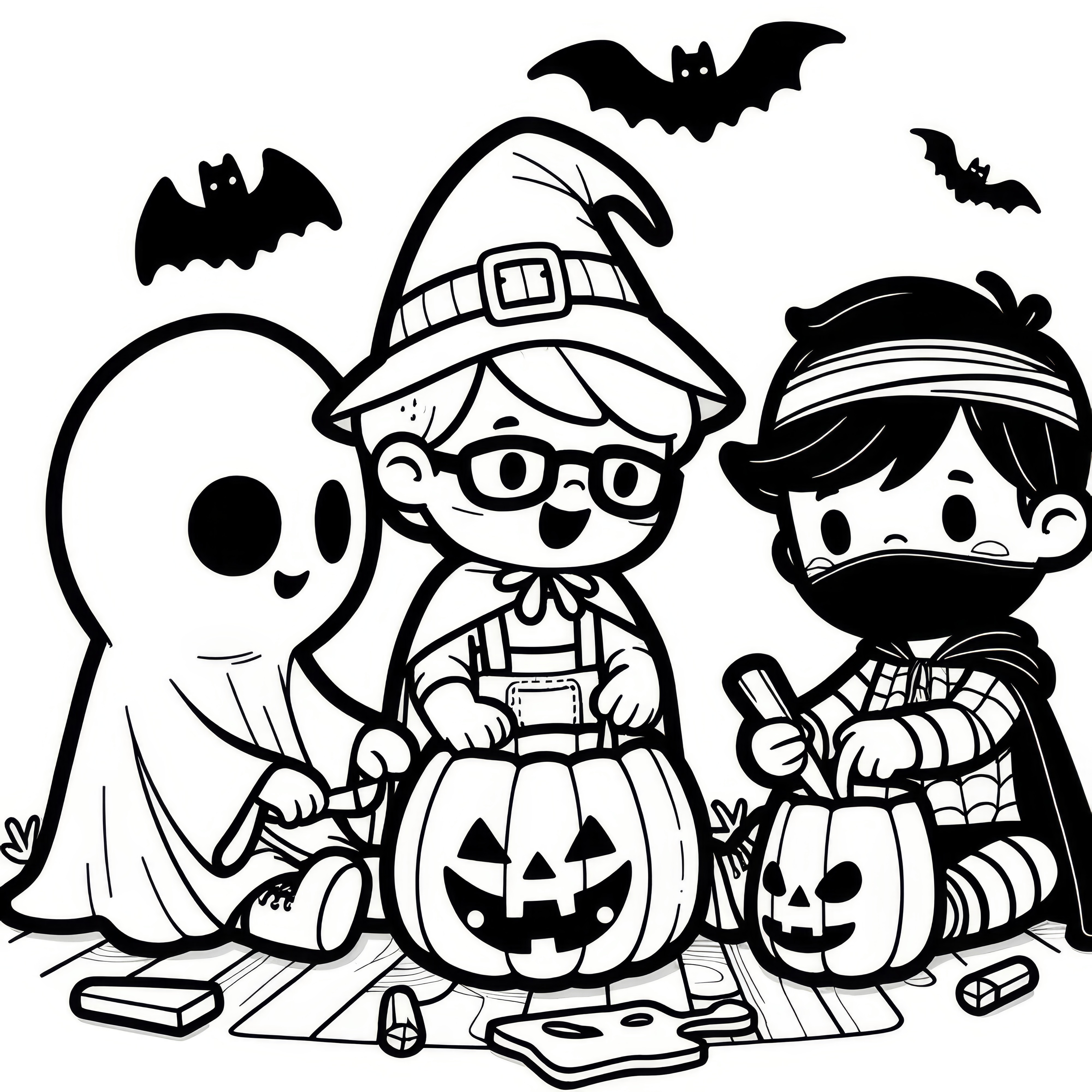 Jednoduchý obrázek k vybarvení: Halloweenová párty s veselými postavami (Zdarma)