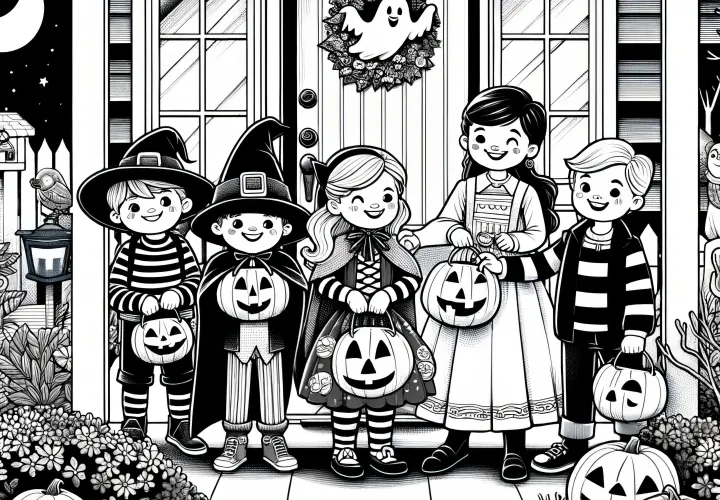 Rodinná Halloween párty před domem: Kreslená obrázek ke stažení zdarma
