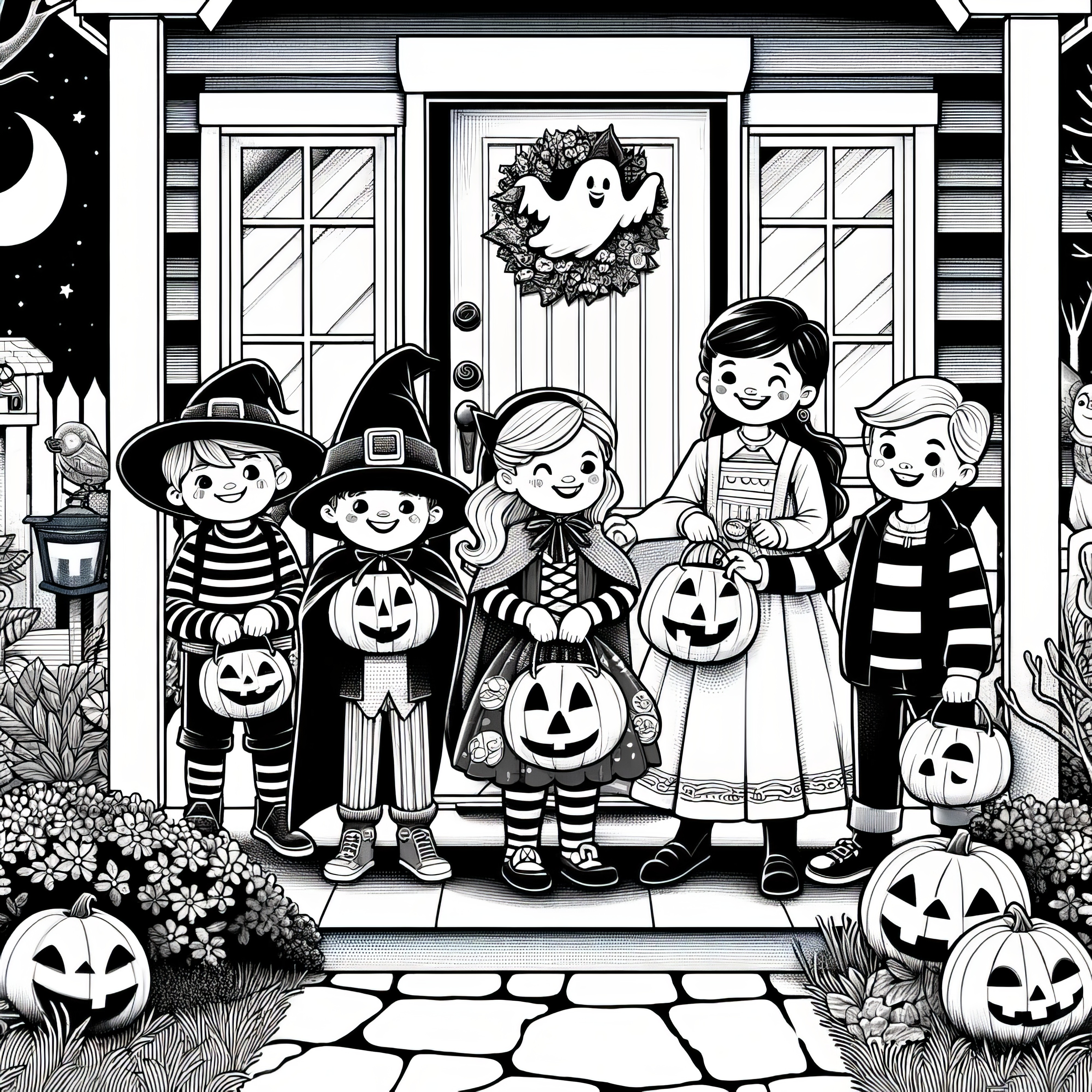 Halloweenská párty rodiny před domem: Omalovánka zdarma ke stažení