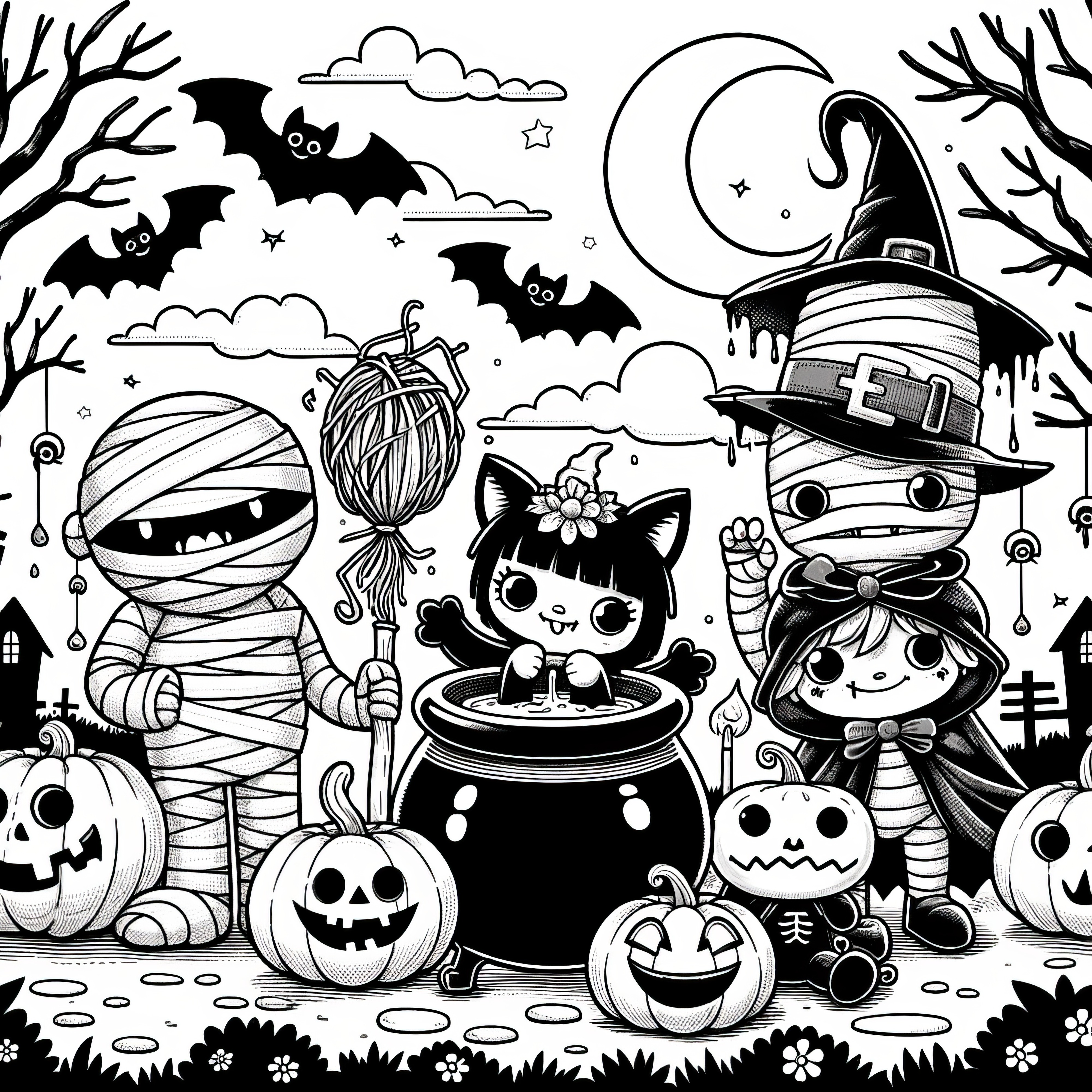 Večírek na Halloween s dýněmi v noci: Bezplatná omalovánka
