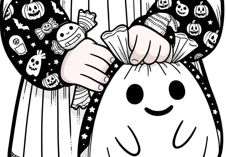 Roztomilá taška na Halloween s cukrovím: Obrázek k vybarvení ke stažení (Zdarma)