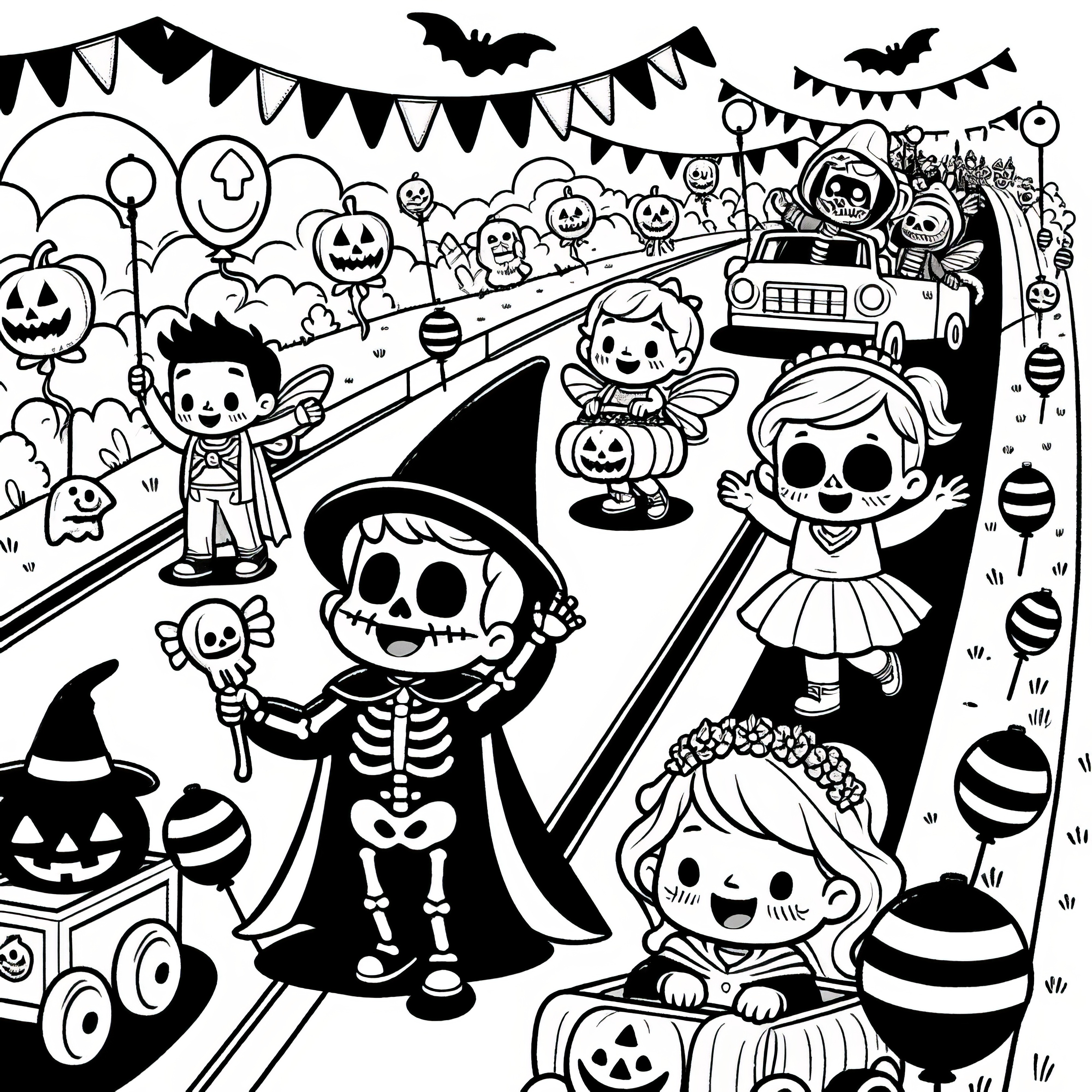 Happy Halloween parade with children: Free coloring page