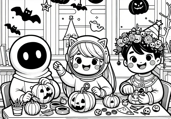 Šťastné děti vyřezávají dýně pro Halloweenskou oslavu: Coloring picture zdarma