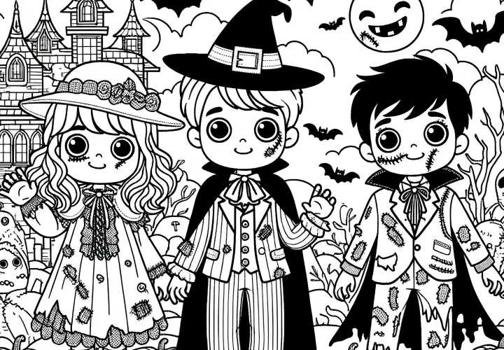 Zamaskované děti oslavují Halloween: Obrázek k vytištění a online vybarvení (Zdarma)