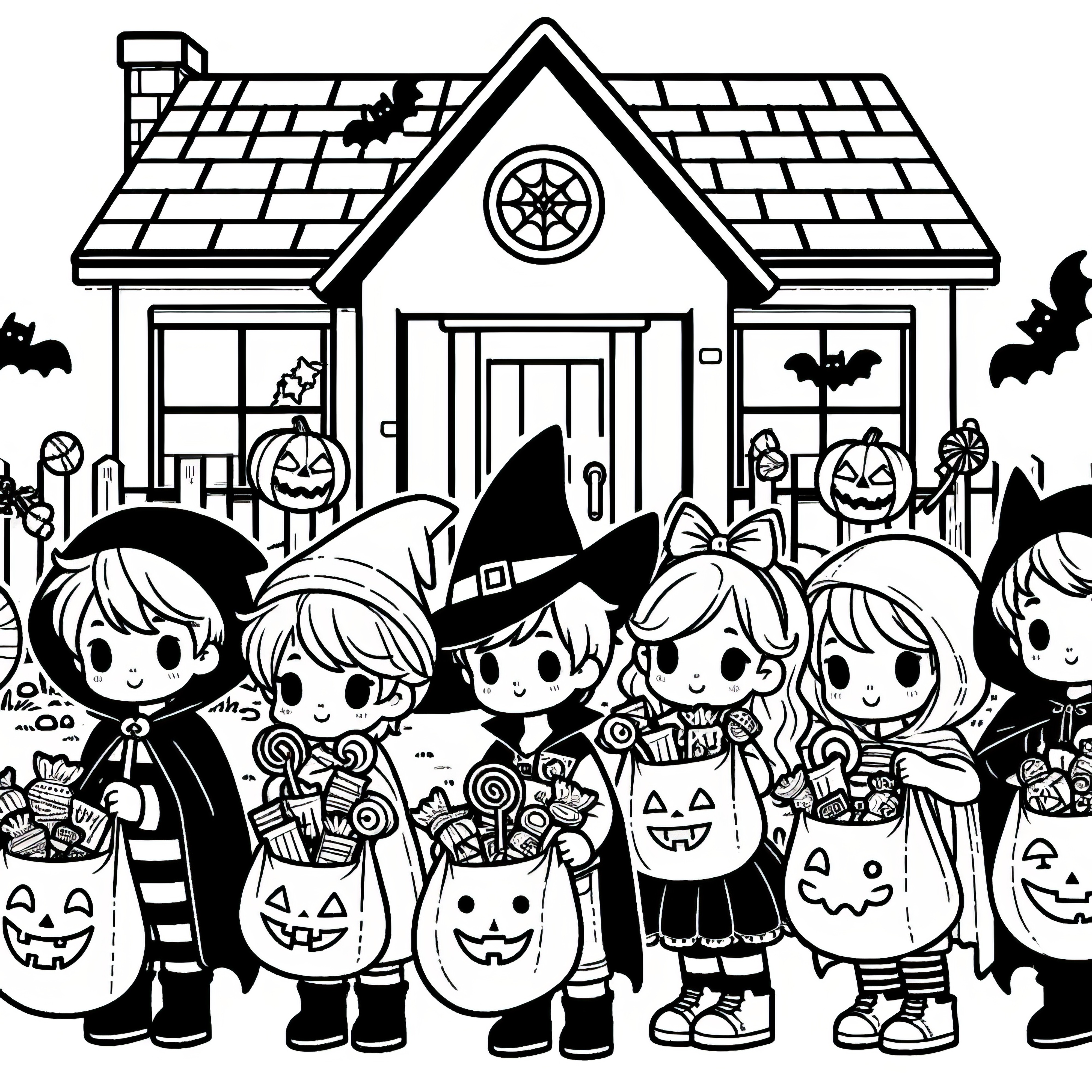 ハロウィンバッグに入ったお菓子を持った子供たちの仮装：無料ぬり絵