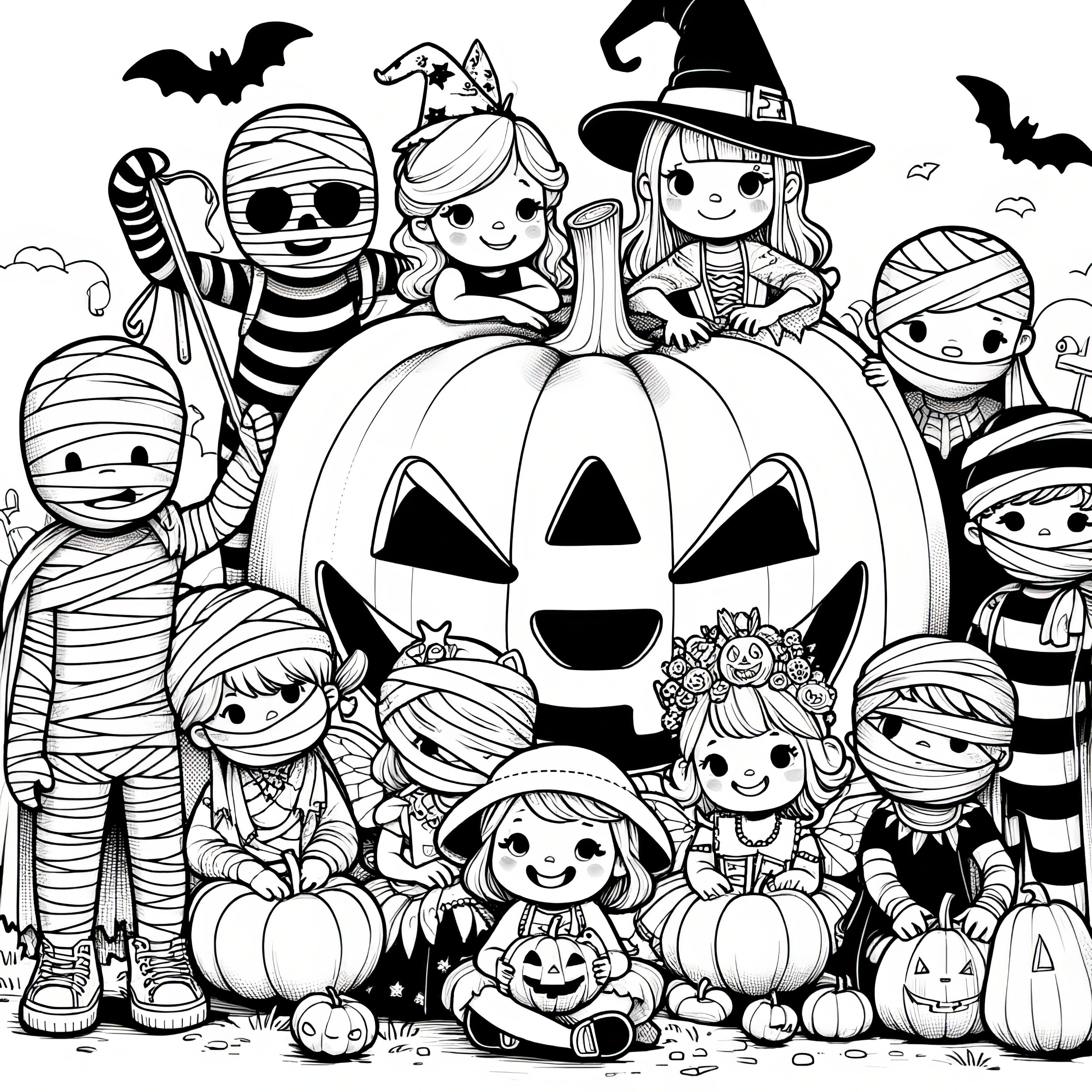 モンスターの衣装を着た子供たちと巨大なカボチャ：ハロウィンの塗り絵（無料）