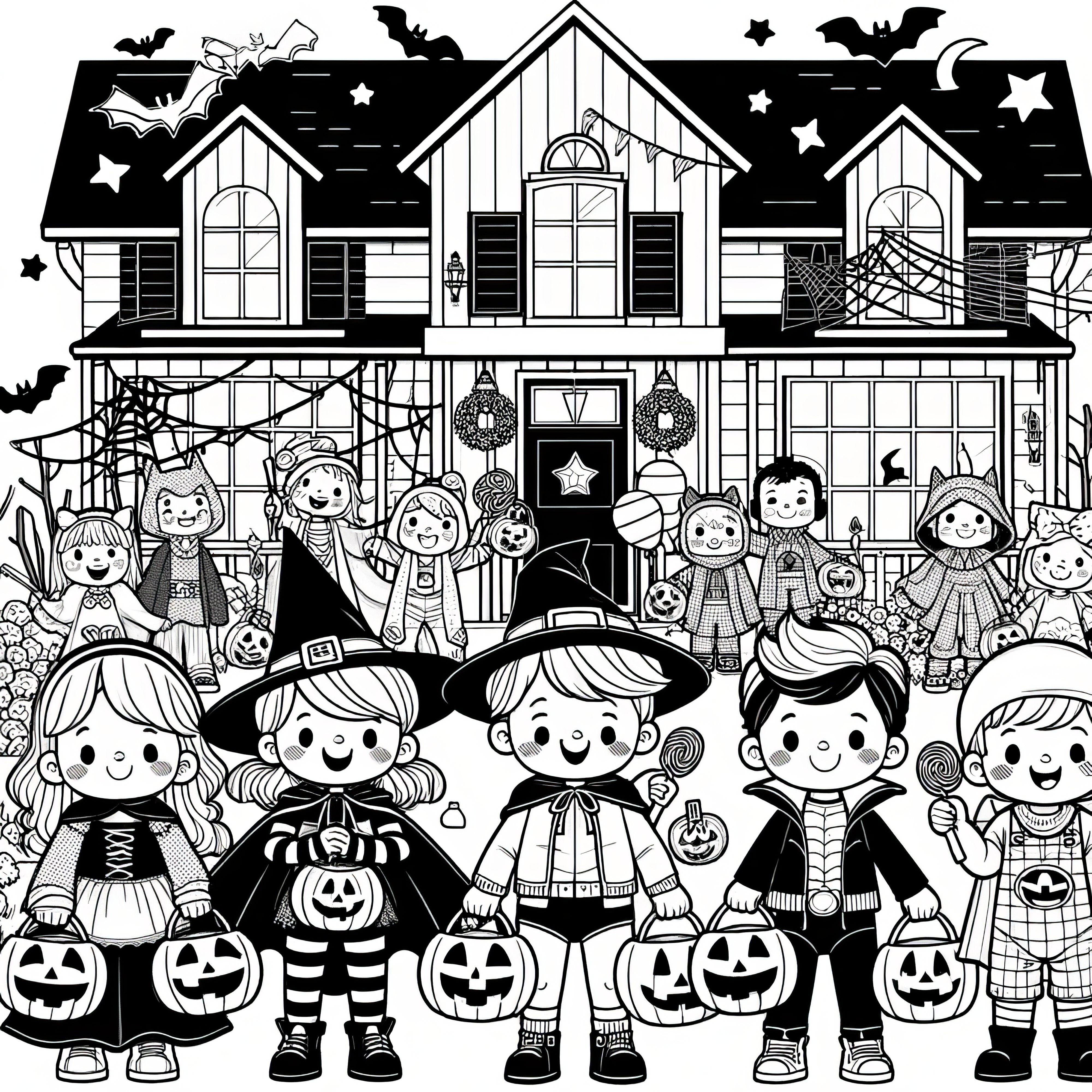 子供たちは家の前でハロウィンを祝っています：塗り絵のハロウィンパーティー（無料）