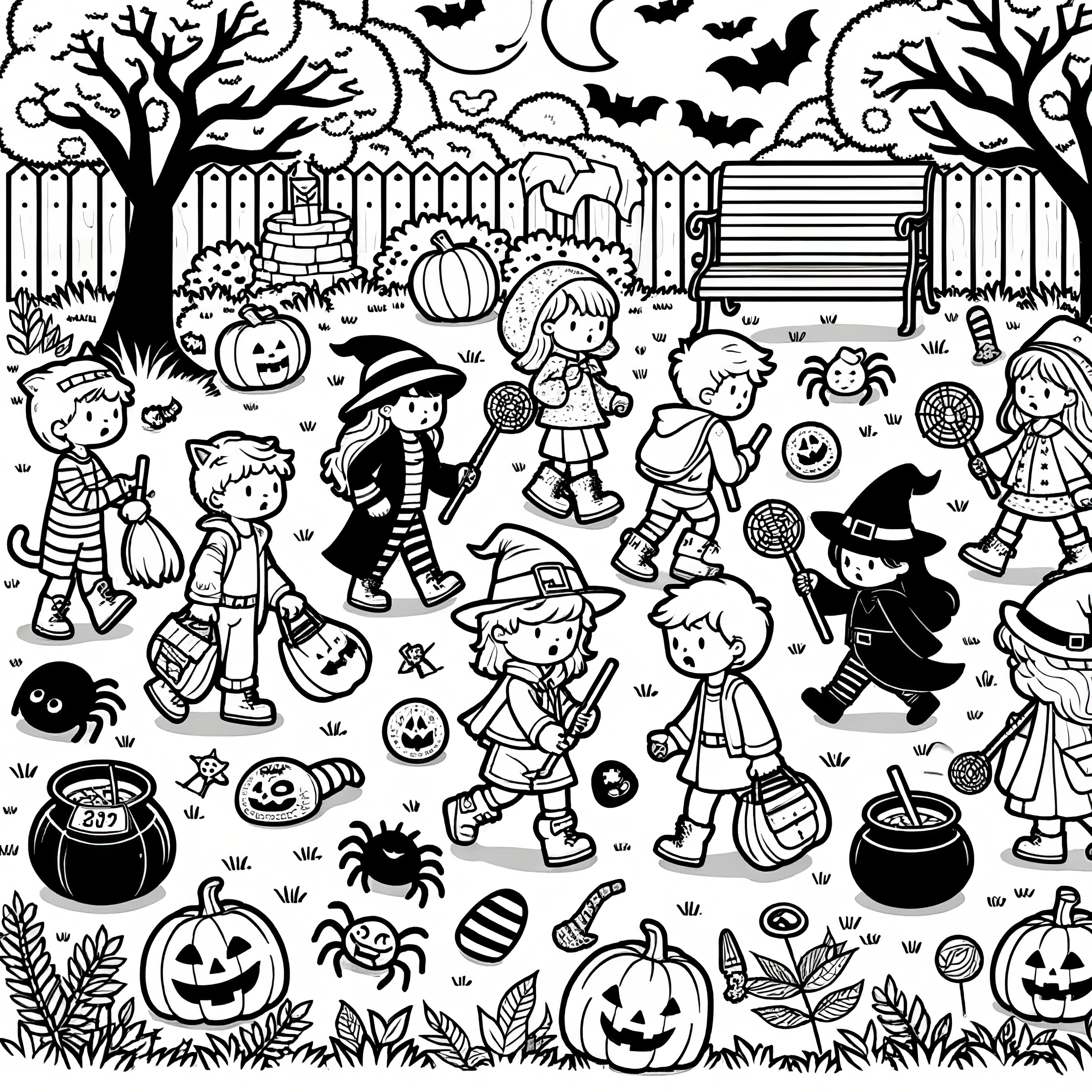 ハロウィンパーティー: 幼稚園用の塗り絵（無料）
