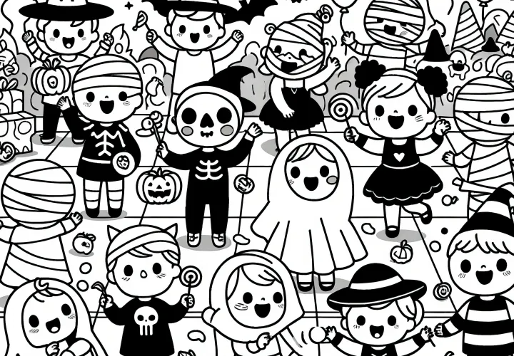 Párty na Halloween s kostýmy: Obrázek k vytisknutí a vybarvení (Zdarma)