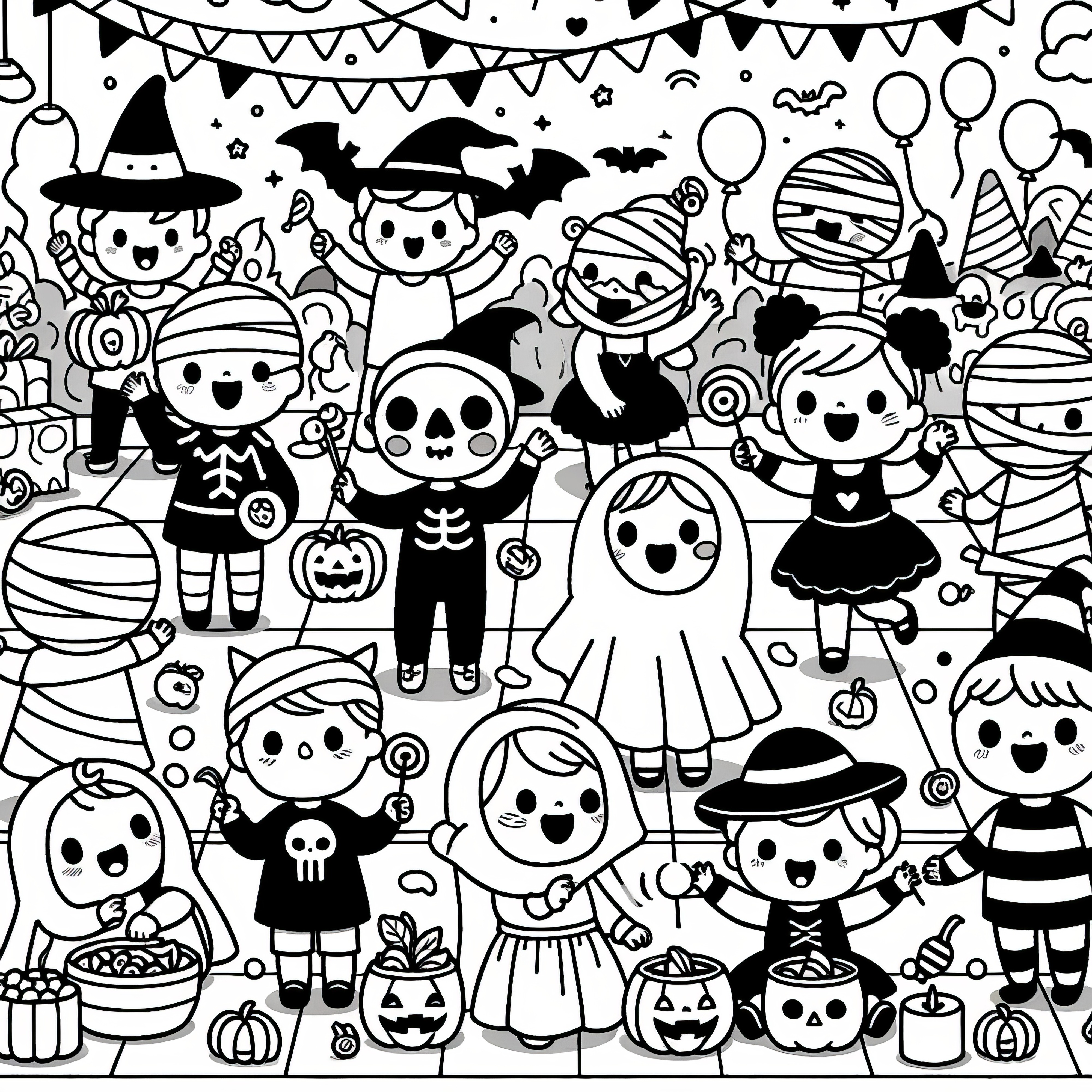 Costume party for Halloween: Picture for printing and coloring (Free)