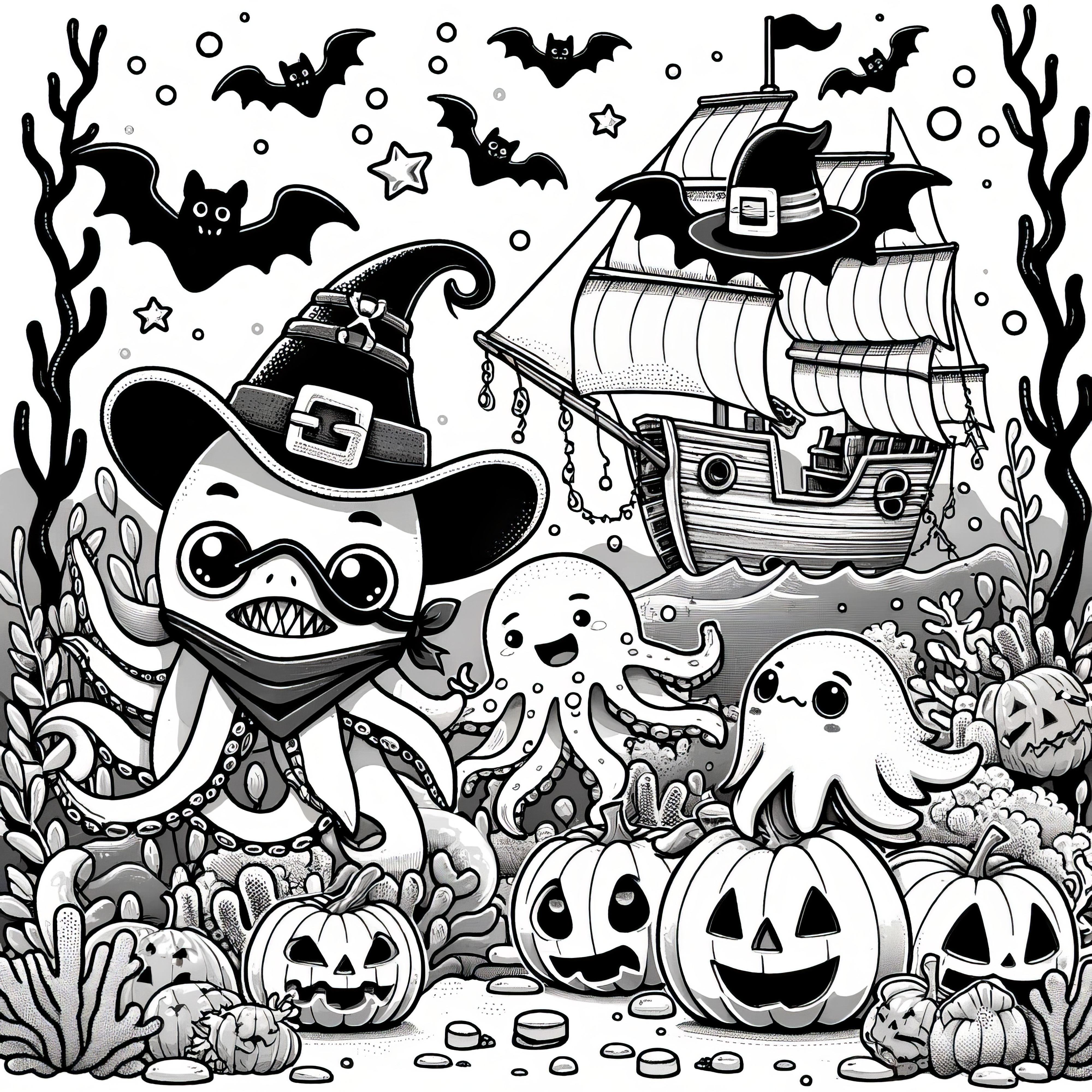 Morské zvieratá oslavujú Halloween párty: Šablóna na vyfarbenie na stiahnutie (Zadarmo)