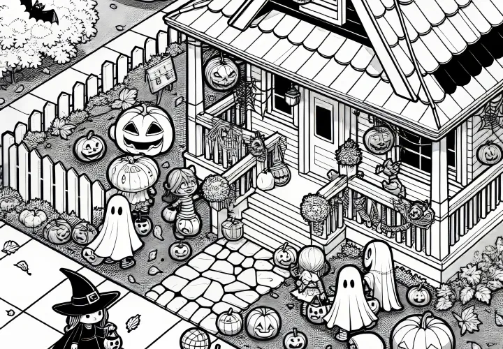 Maskované děti před domem: omalovánka na Halloween (zdarma)