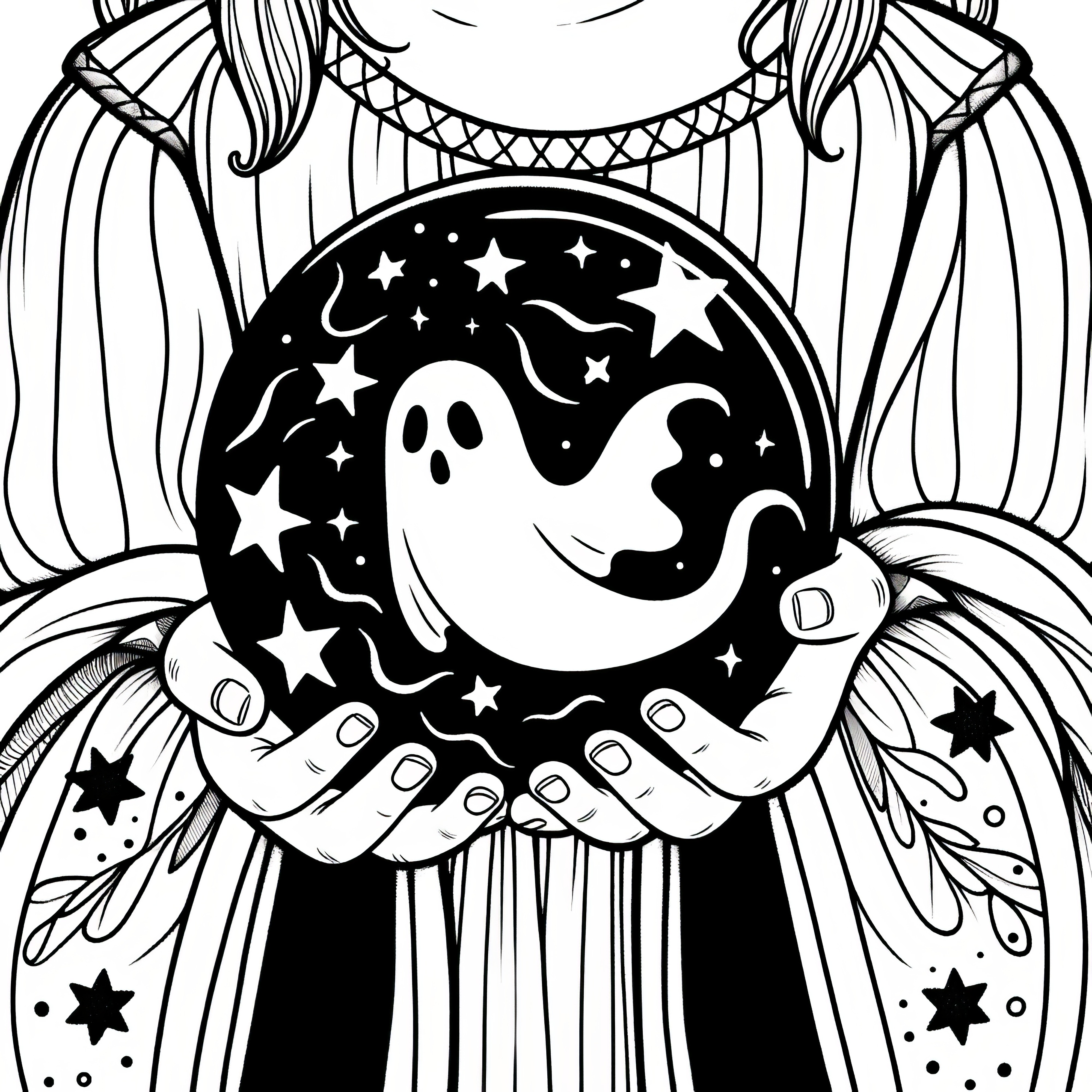 占い師が魔法の水晶玉を持っている：ハロウィンのための無料塗り絵