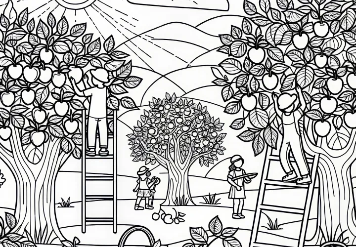 La recoltarea merelor: Șablon de colorat gratuit pentru descărcare La recoltarea merelor: Șablon de colorat gratuit pentru descărcare