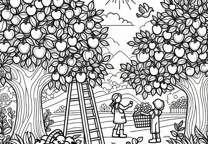 Recolta de mere de toamnă: Desenul tău de colorat pentru descărcare gratuită Recolta de mere de toamnă: Desenul tău de colorat pentru descărcare gratuită