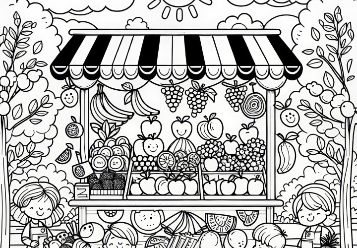 Farbenfroher Obst Verkaufsstand: Ausmalbild zum Herunterladen (Kostenlos) Farbenfroher Obst Verkaufsstand: Ausmalbild zum Herunterladen (Kostenlos)