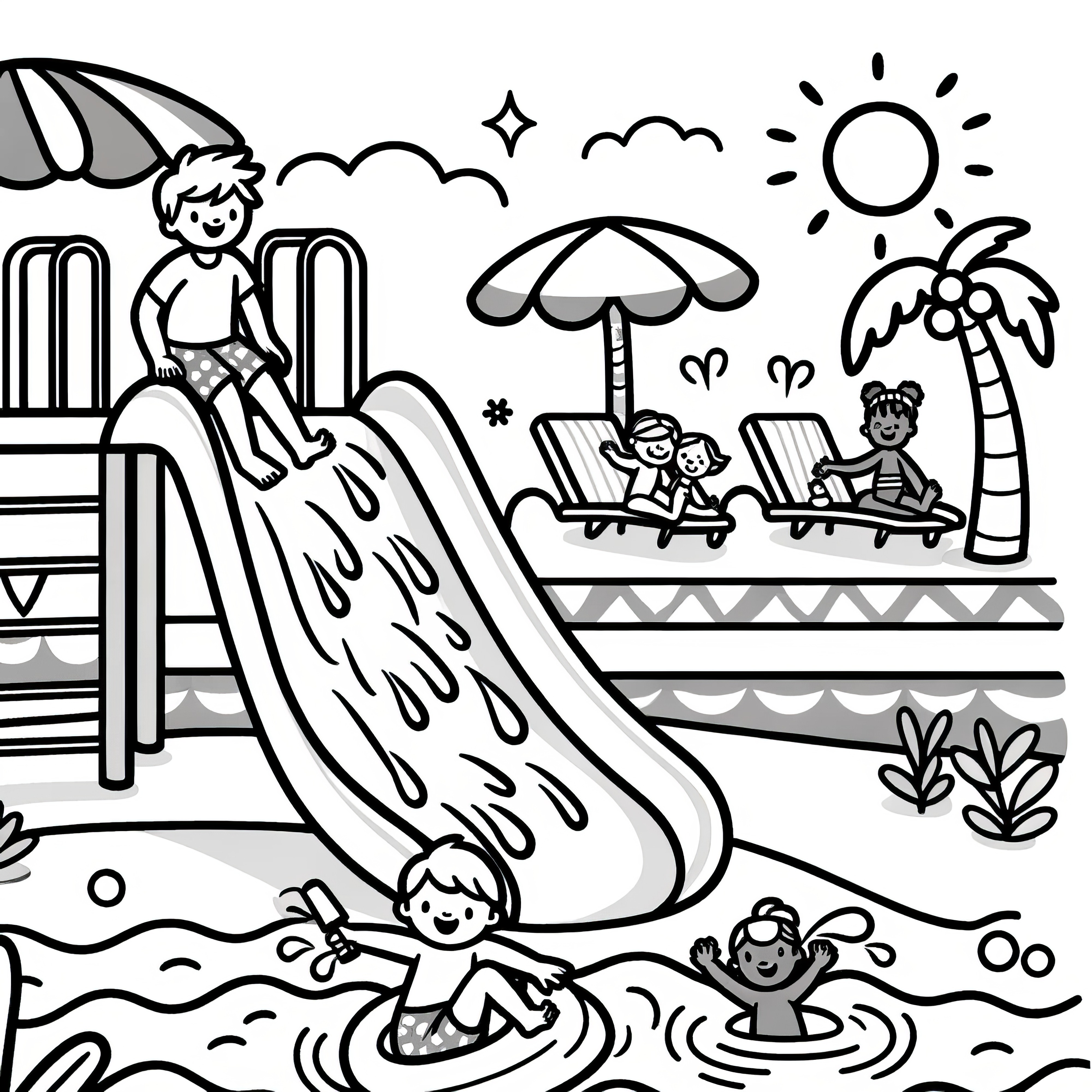 Fun in the pool with slides: Coloring picture (Free)