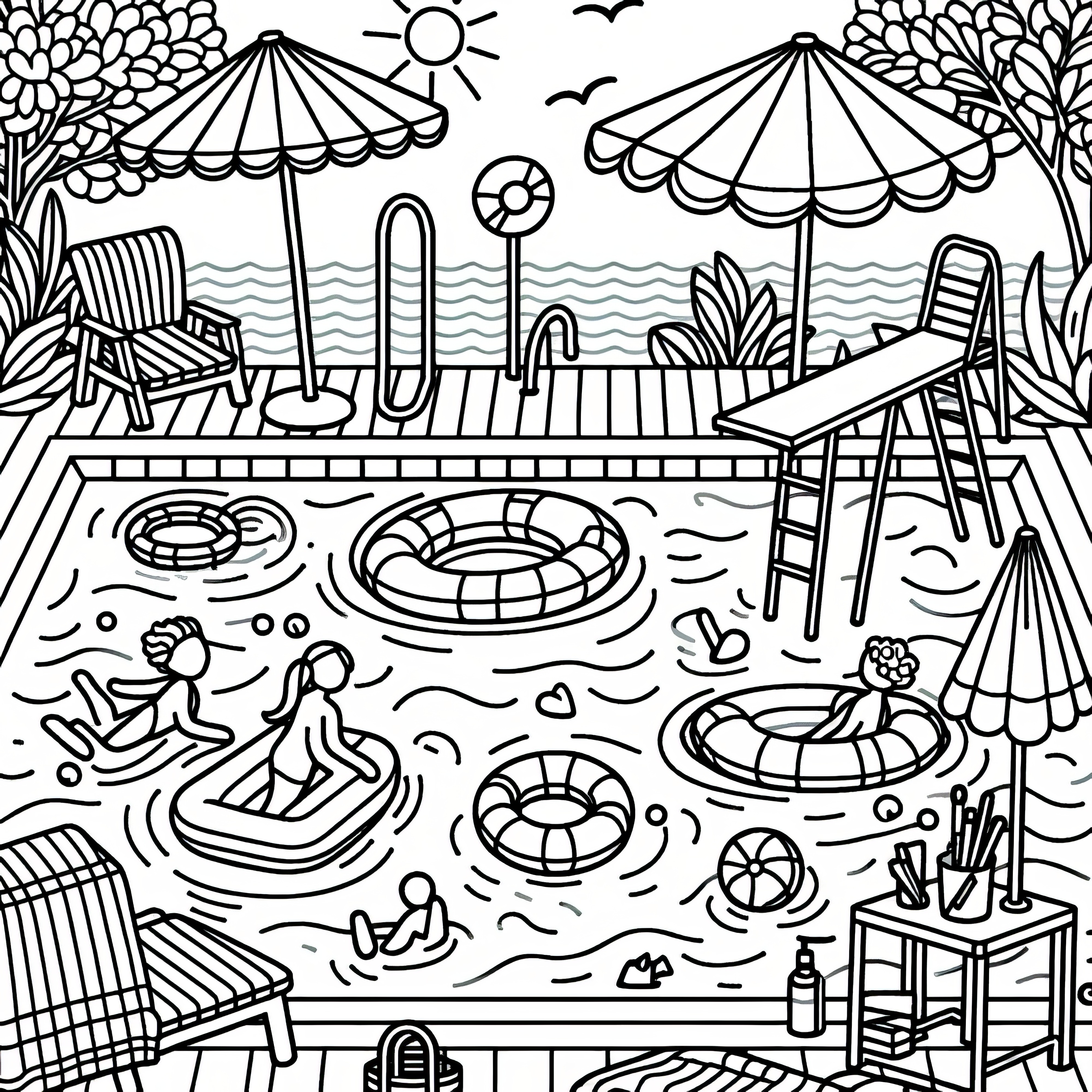 Summer day at the swimming pool: Coloring picture for download (Free)