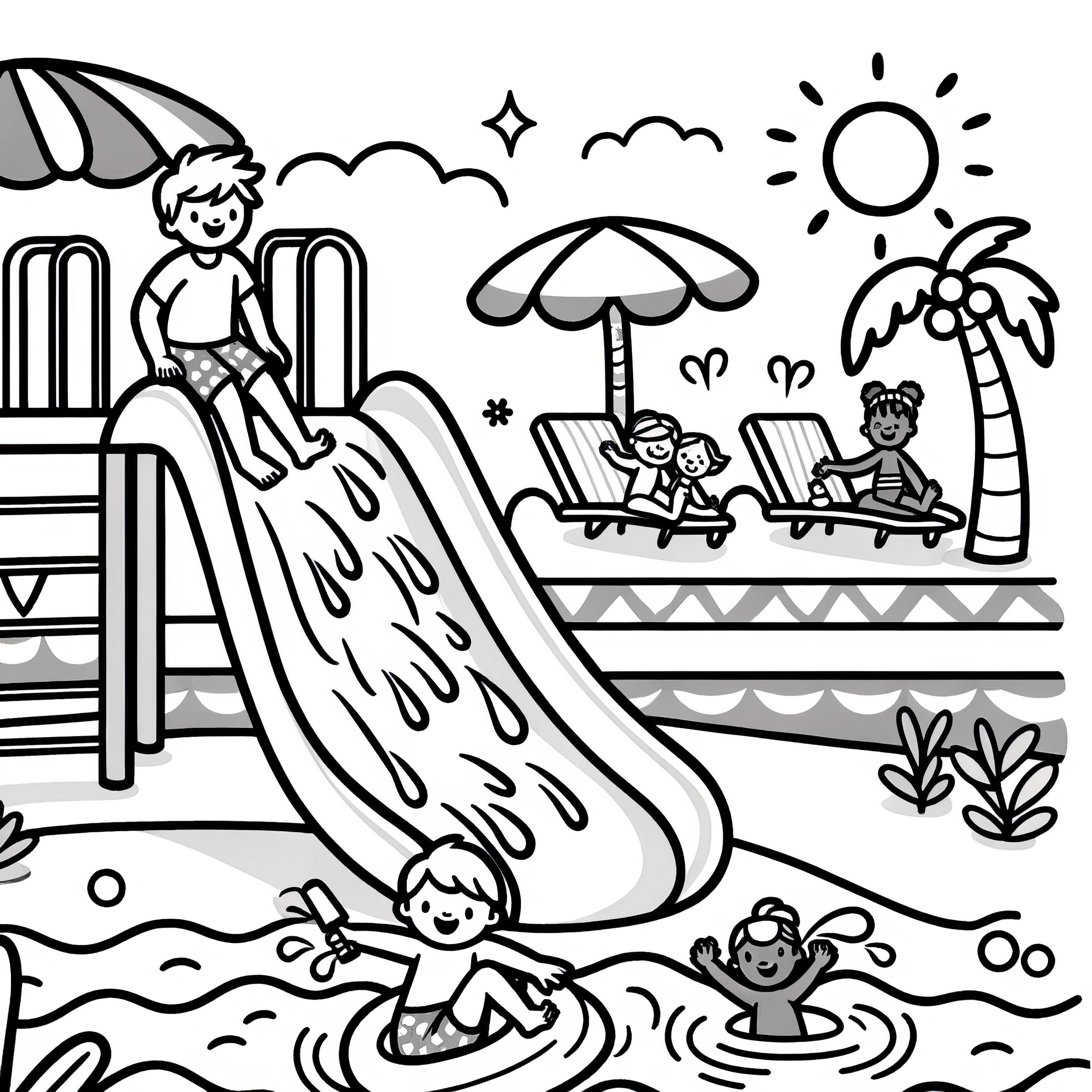 Fun in the pool with water slide and pool: Coloring picture to download (free)
