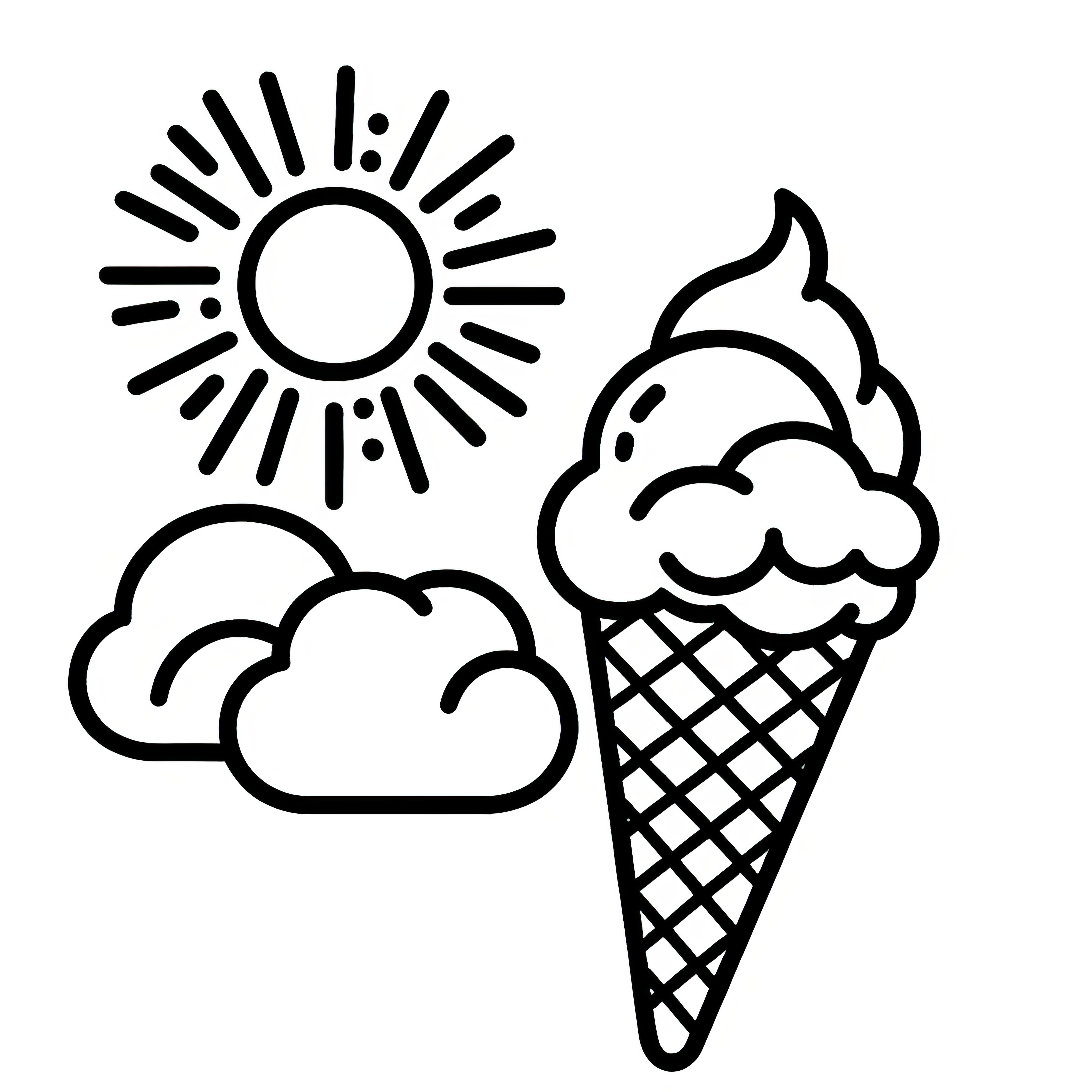 アイスクリームコーンに太陽と雲: 塗り絵、無料
