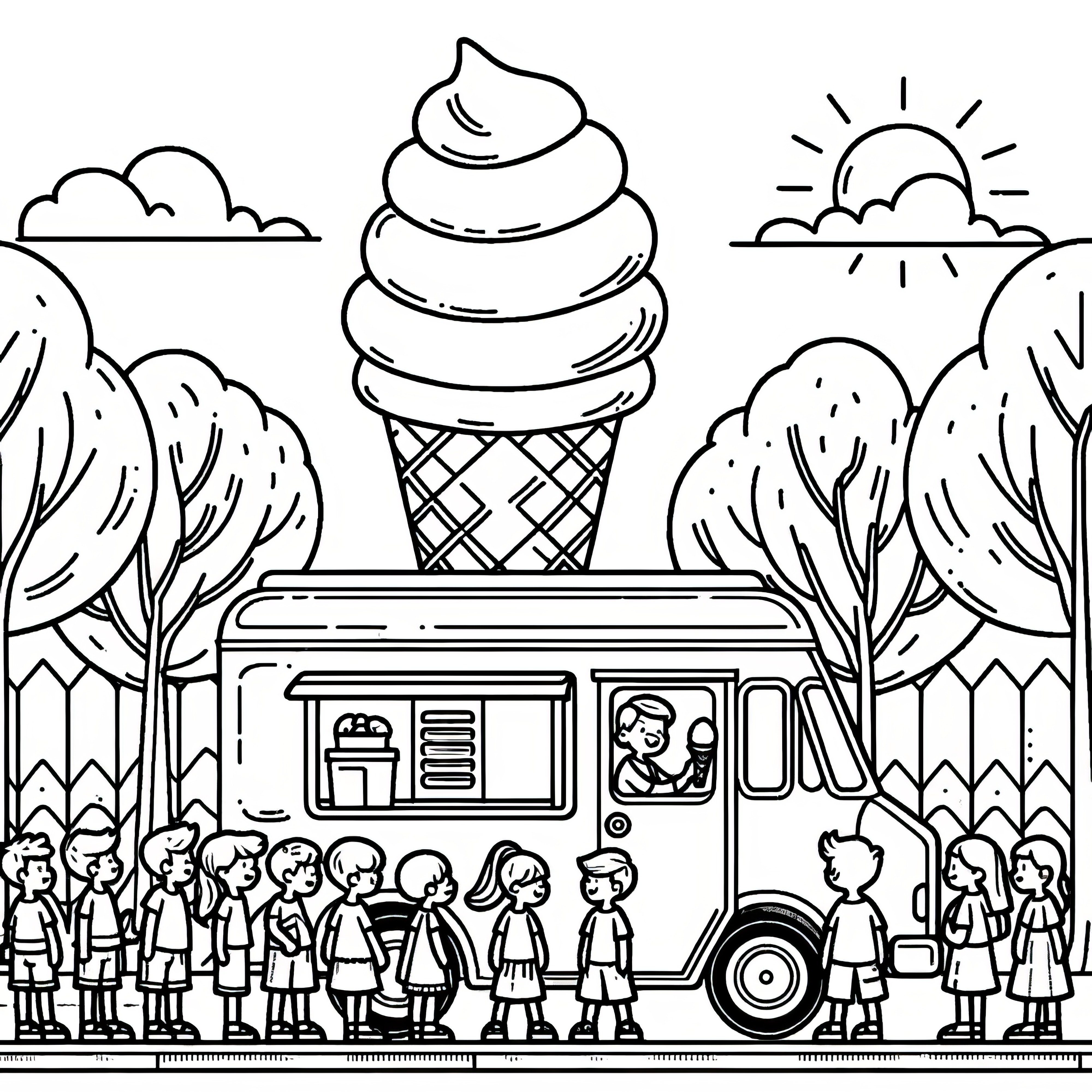 子供たちと一緒にアイスクリームの車：無料のぬり絵