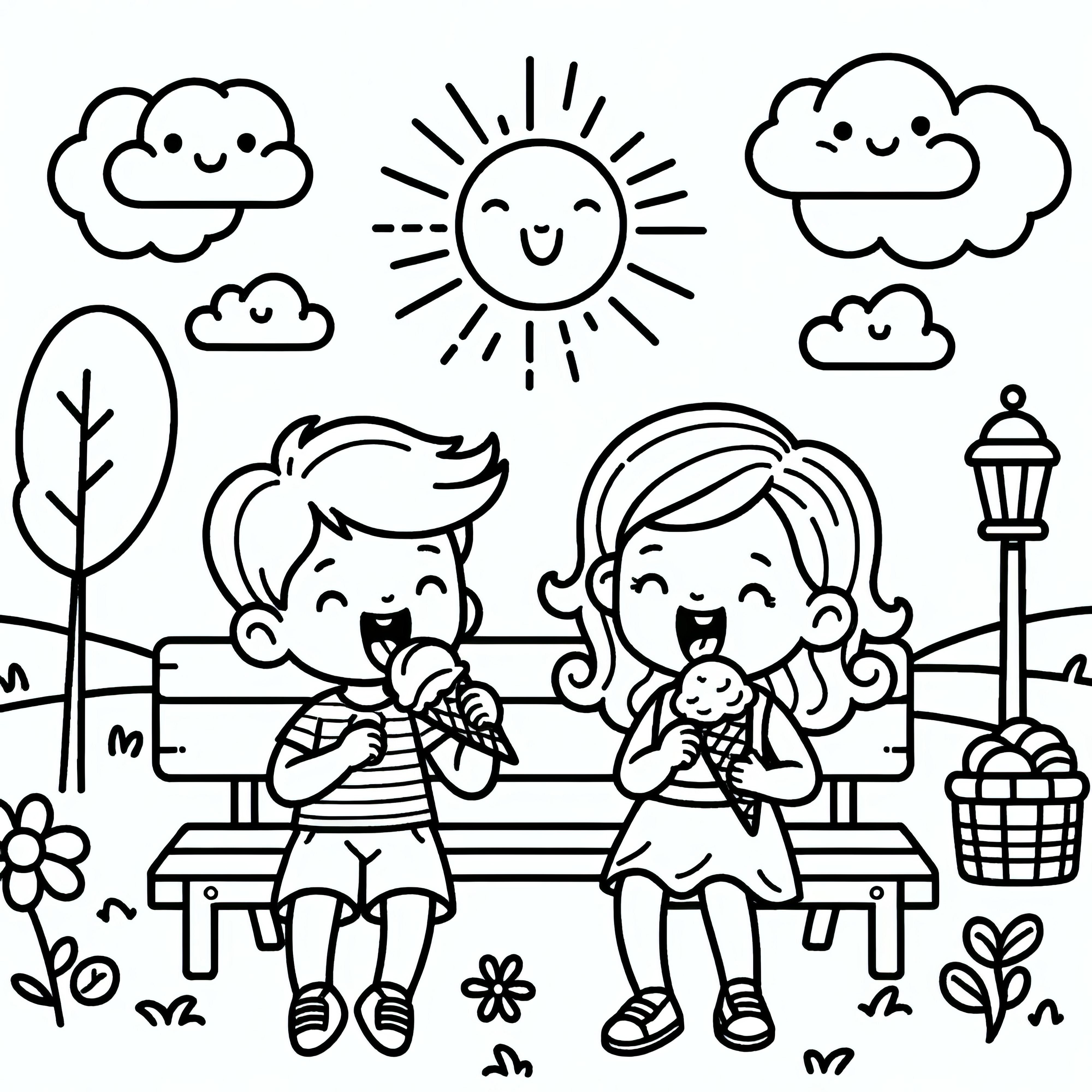 Children enjoy eating ice cream in the summer on a park bench: Coloring page free